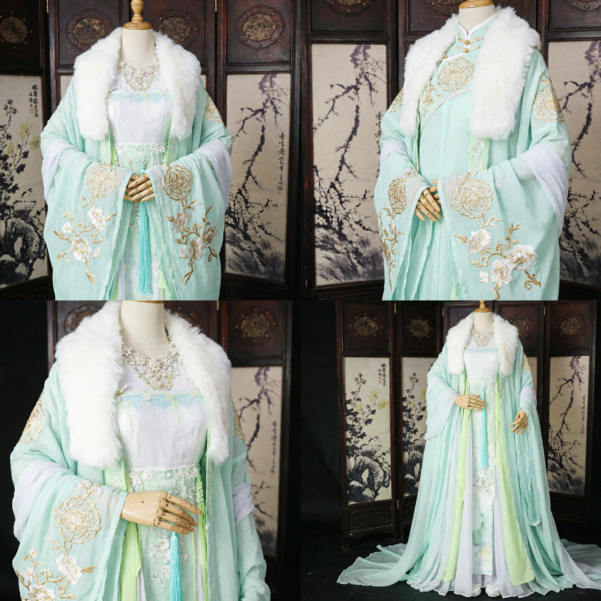 Ancient Chinese Hanfu Traditional Costume Women Winter White Fur Collar Green Fairy Dress for Cosplay - Asian Costume