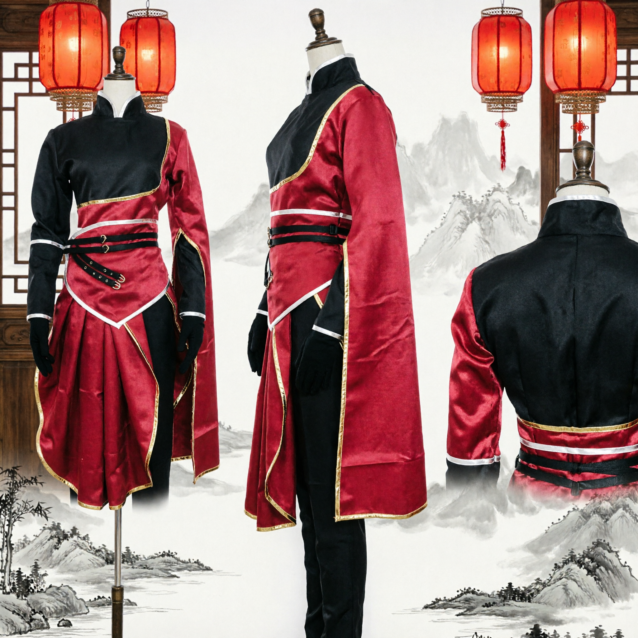 Traditional Chinese Wuxia Costume Red and Black Hanfu Ancient Swordsman Cosplay Outfit for Adults - Asian Costume