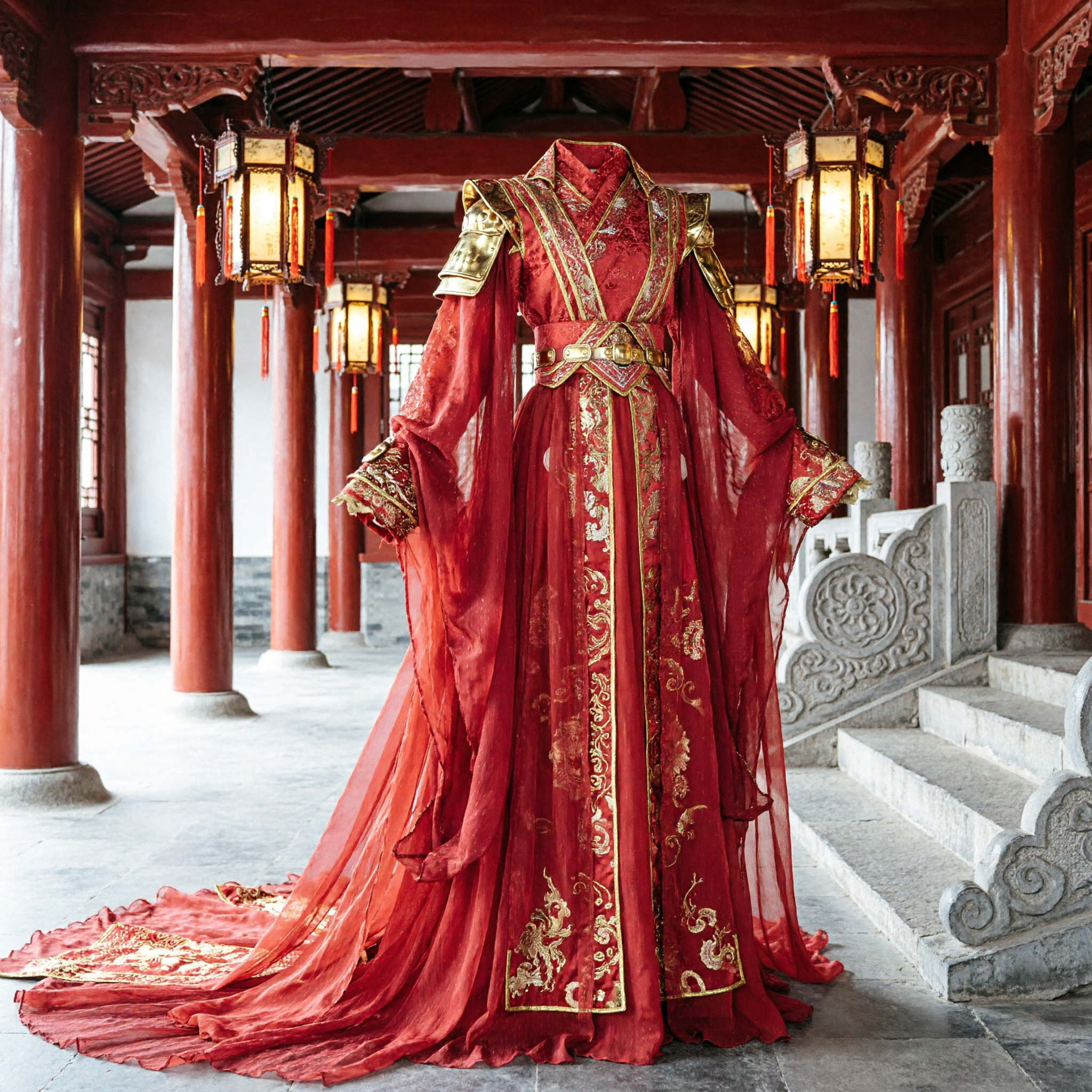 Traditional Chinese Red Hanfu Ancient Wedding Dress Gold Embroidery Wuxia Cosplay Costume for Women - Asian Costume