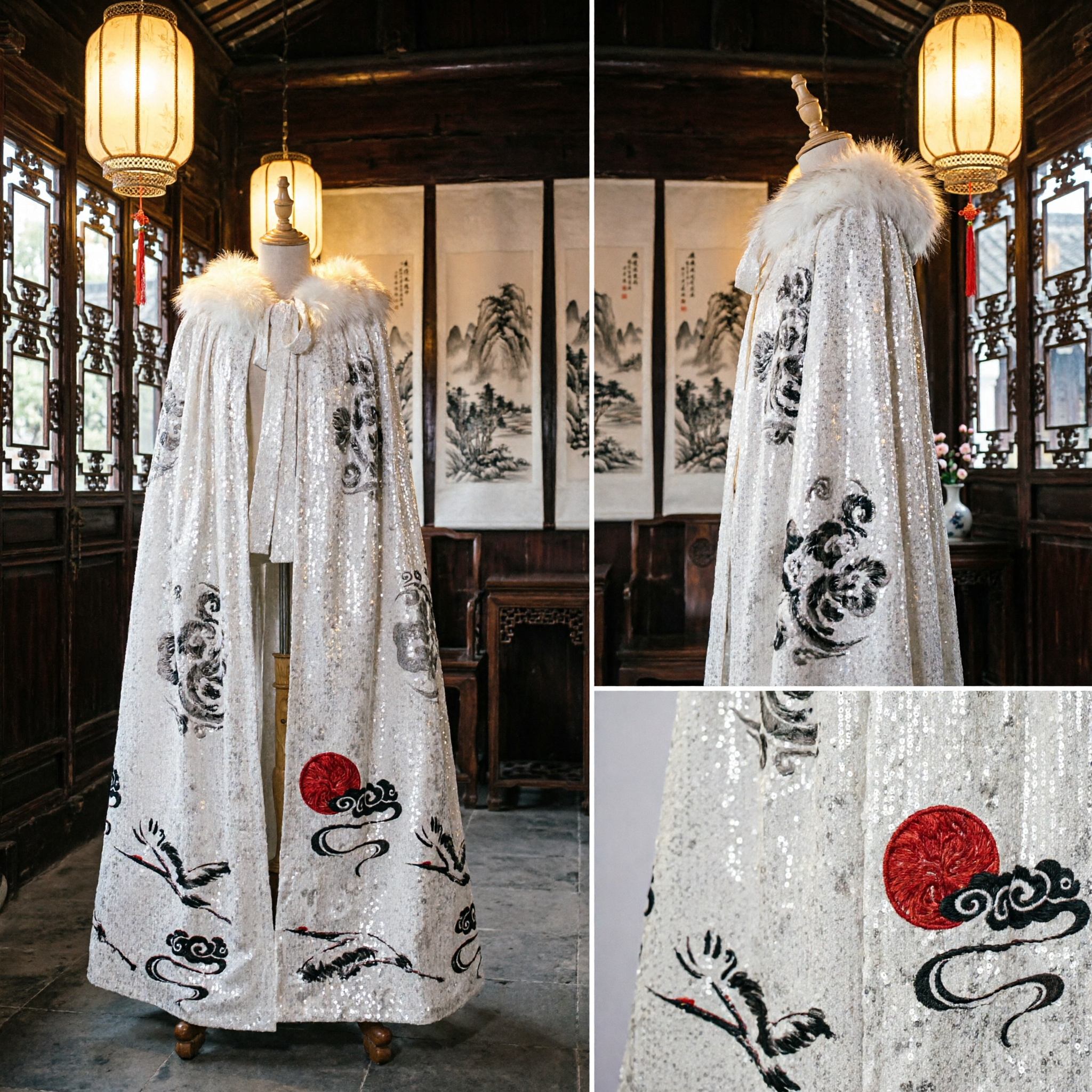 Traditional Chinese White Hanfu Cloak with Fur Collar and Ink Wash Crane Design for Stage Performance - Asian Costume