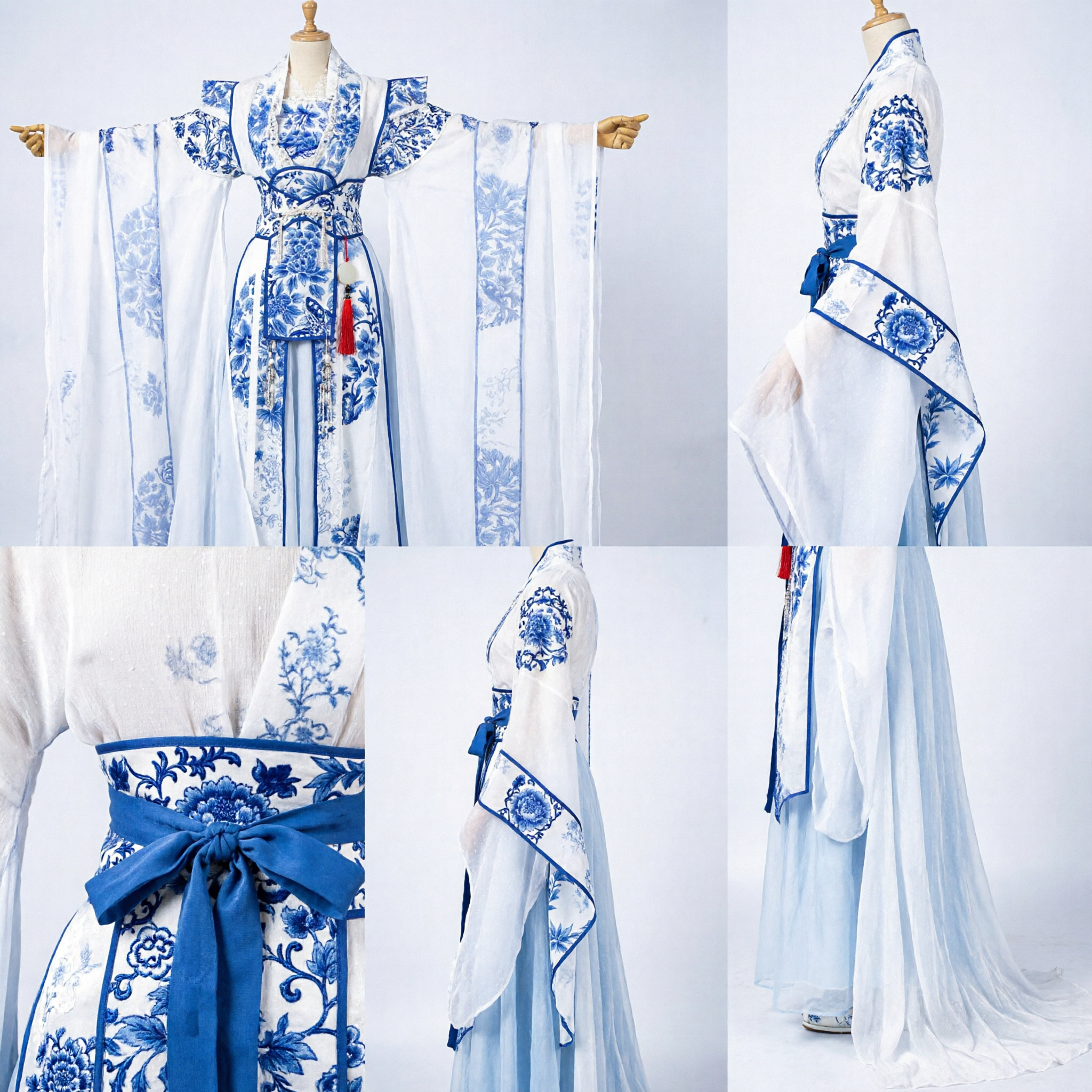Chinese Traditional Blue and White Porcelain Hanfu Dress with Water Sleeves for Women Dance Performance - Asian Costume
