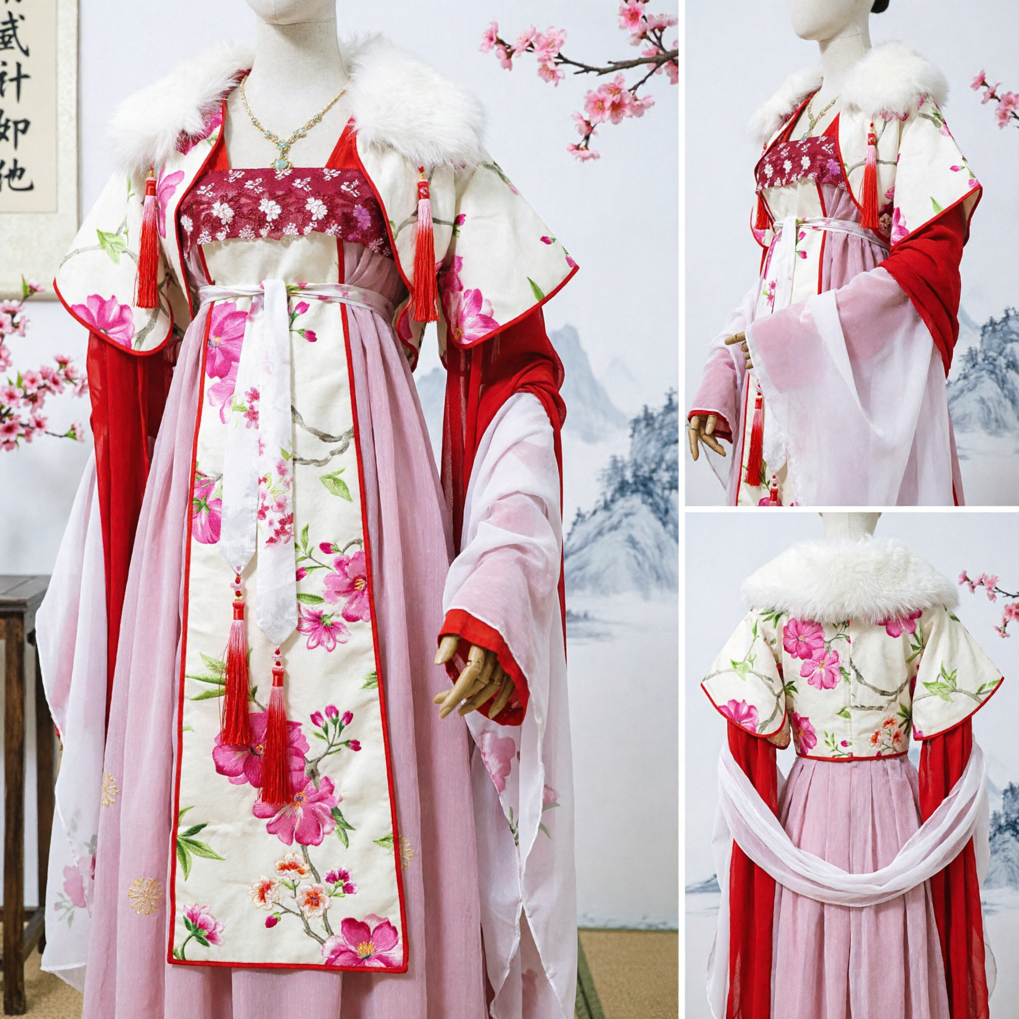 Traditional Chinese Hanfu Princess Costume Red Floral Ancient Dress with Fur Collar for Women Cosplay - Asian Costume