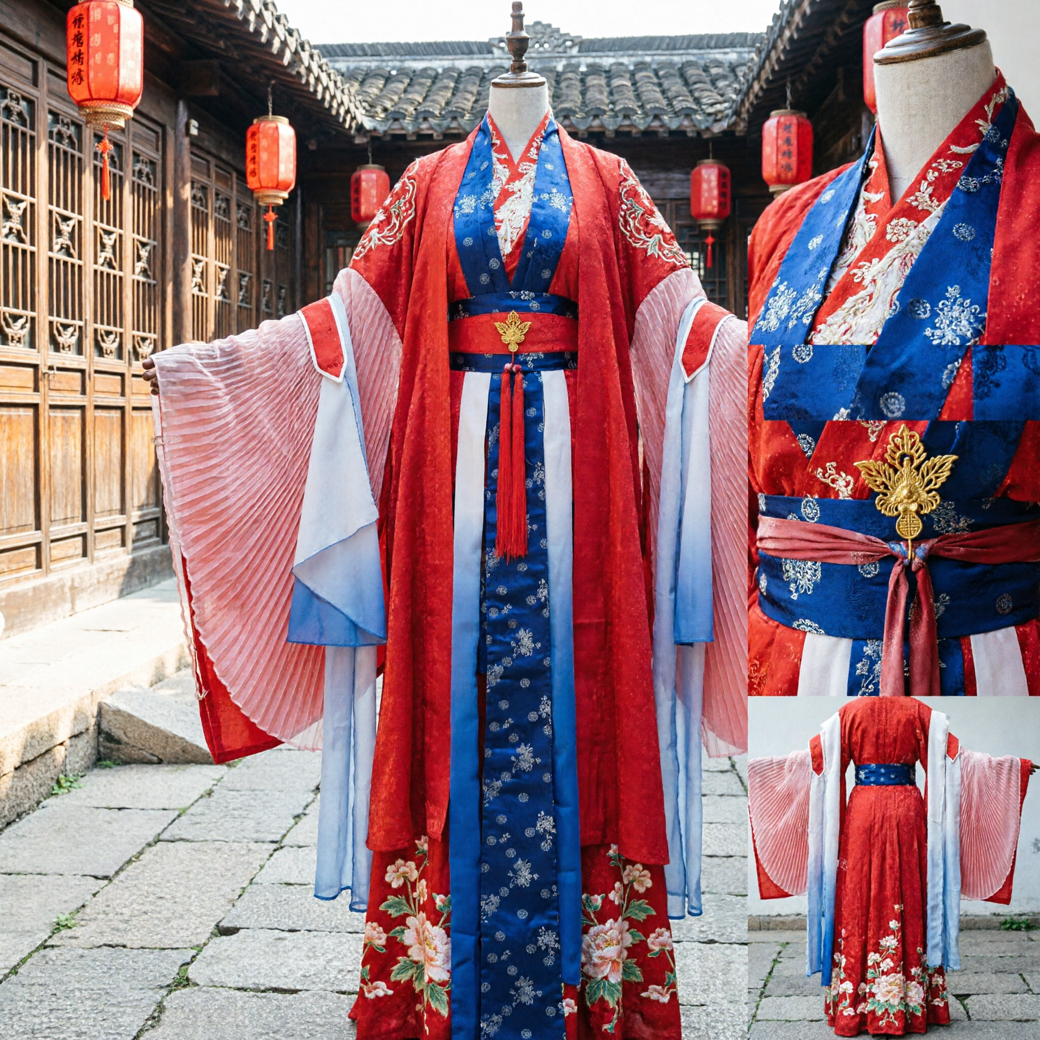 Traditional Chinese Hanfu Red and Blue Tang Dynasty Princess Costume for Women Cosplay Stage Performance - Asian Costume
