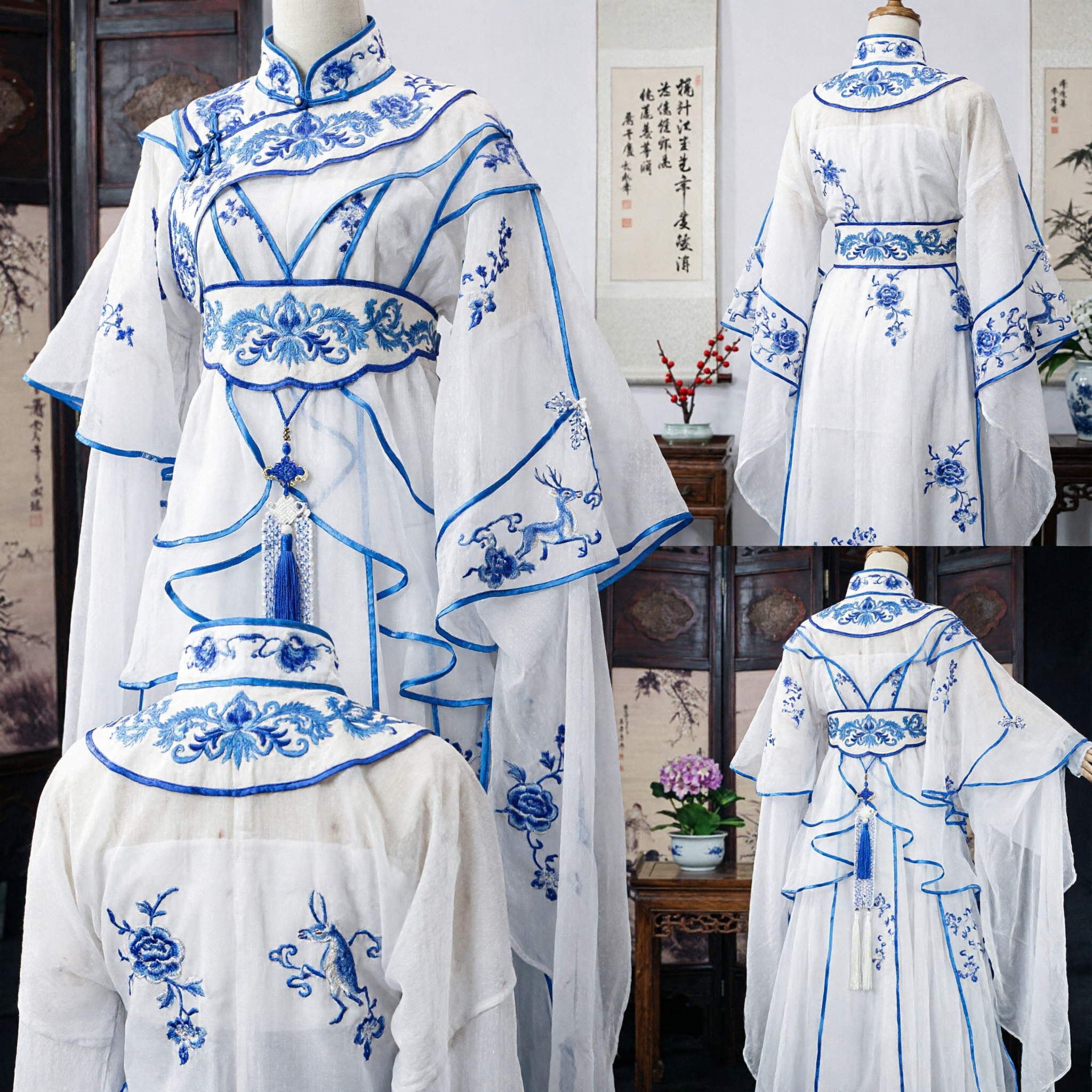Traditional Chinese Hanfu Swordswoman Costume Blue and White Embroidered Ancient Wuxia Dress for Women Cosplay - Asian Costume