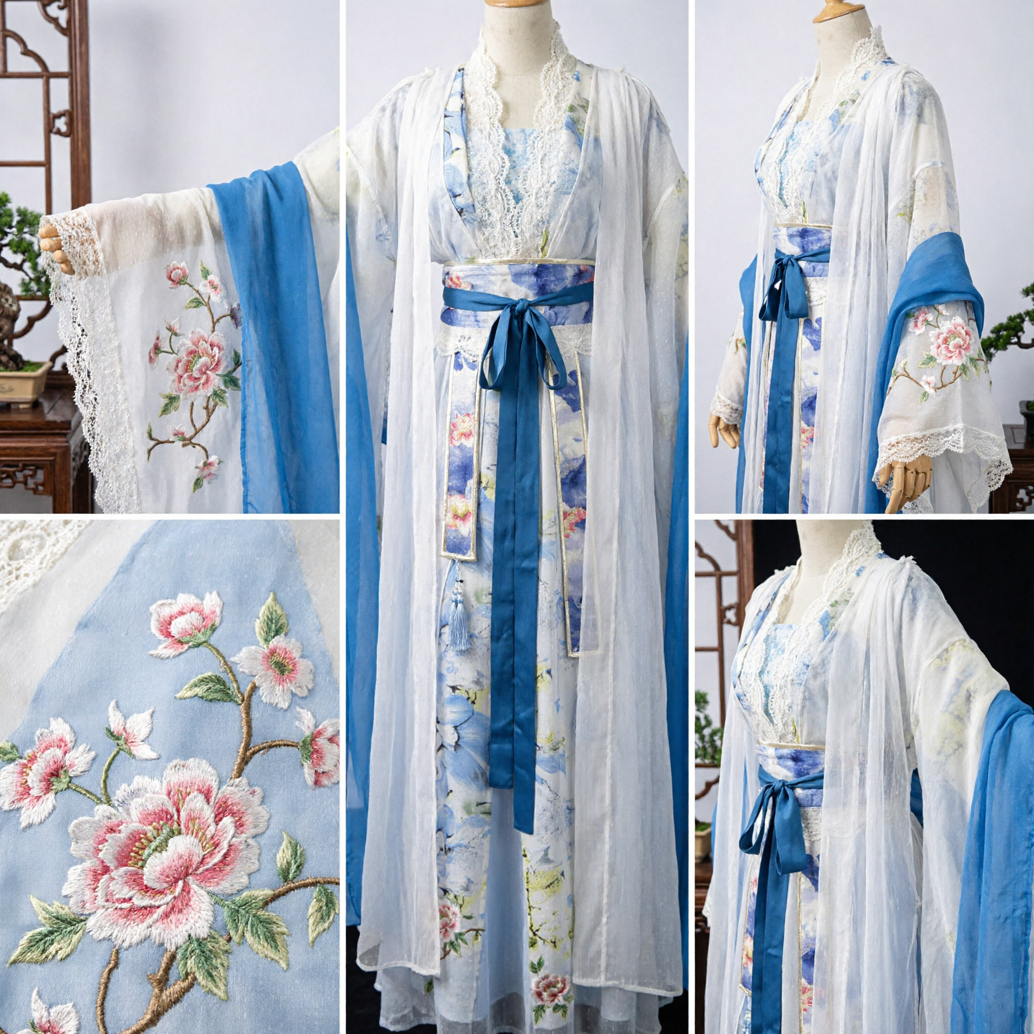 Elegant Blue Floral Traditional Chinese Hanfu Dress Tang Dynasty Costume for Women Cosplay - Asian Costume