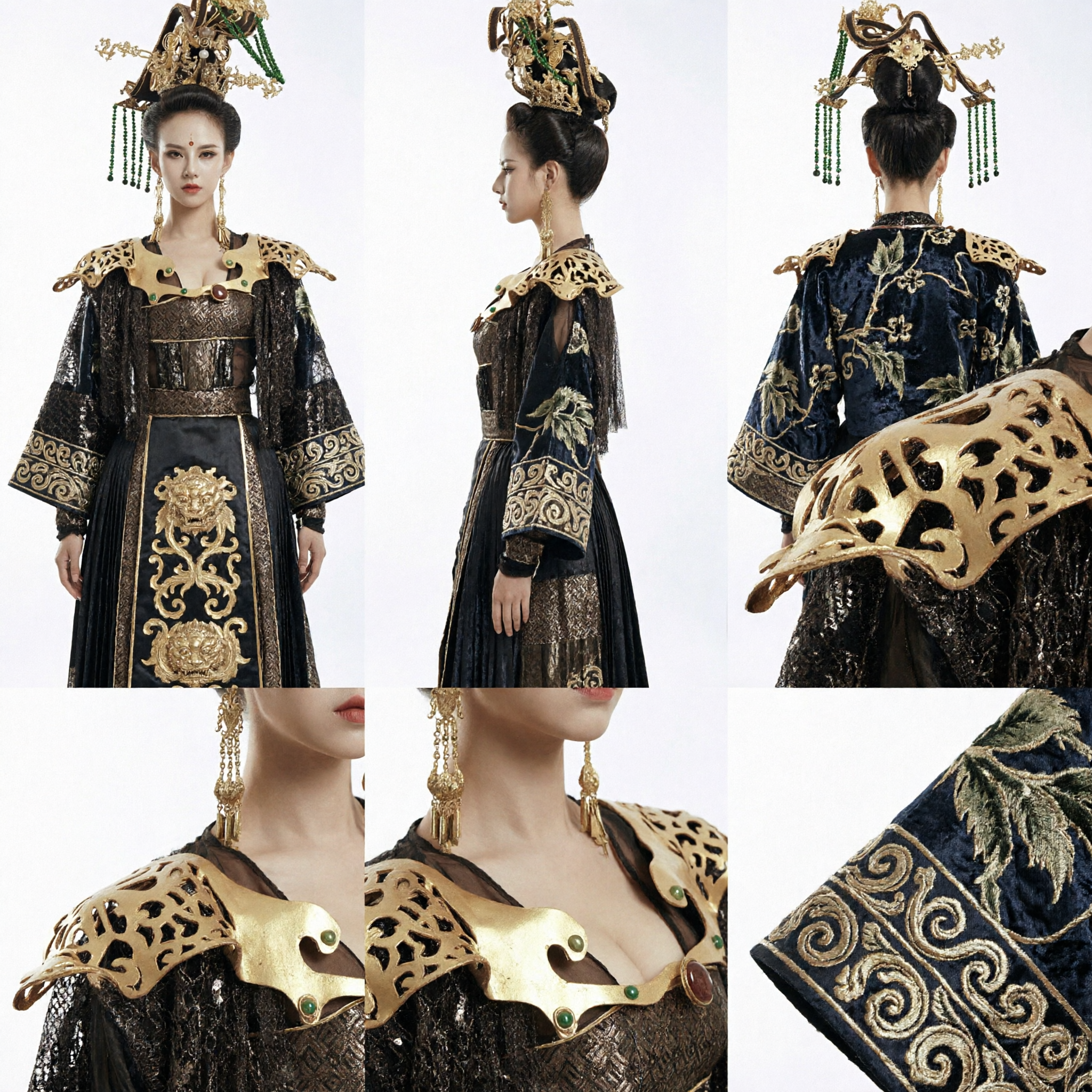 Ancient Chinese Empress Hanfu Costume Set with Elaborate Gold Dragon Crown and Armor Shoulders - Asian Costume