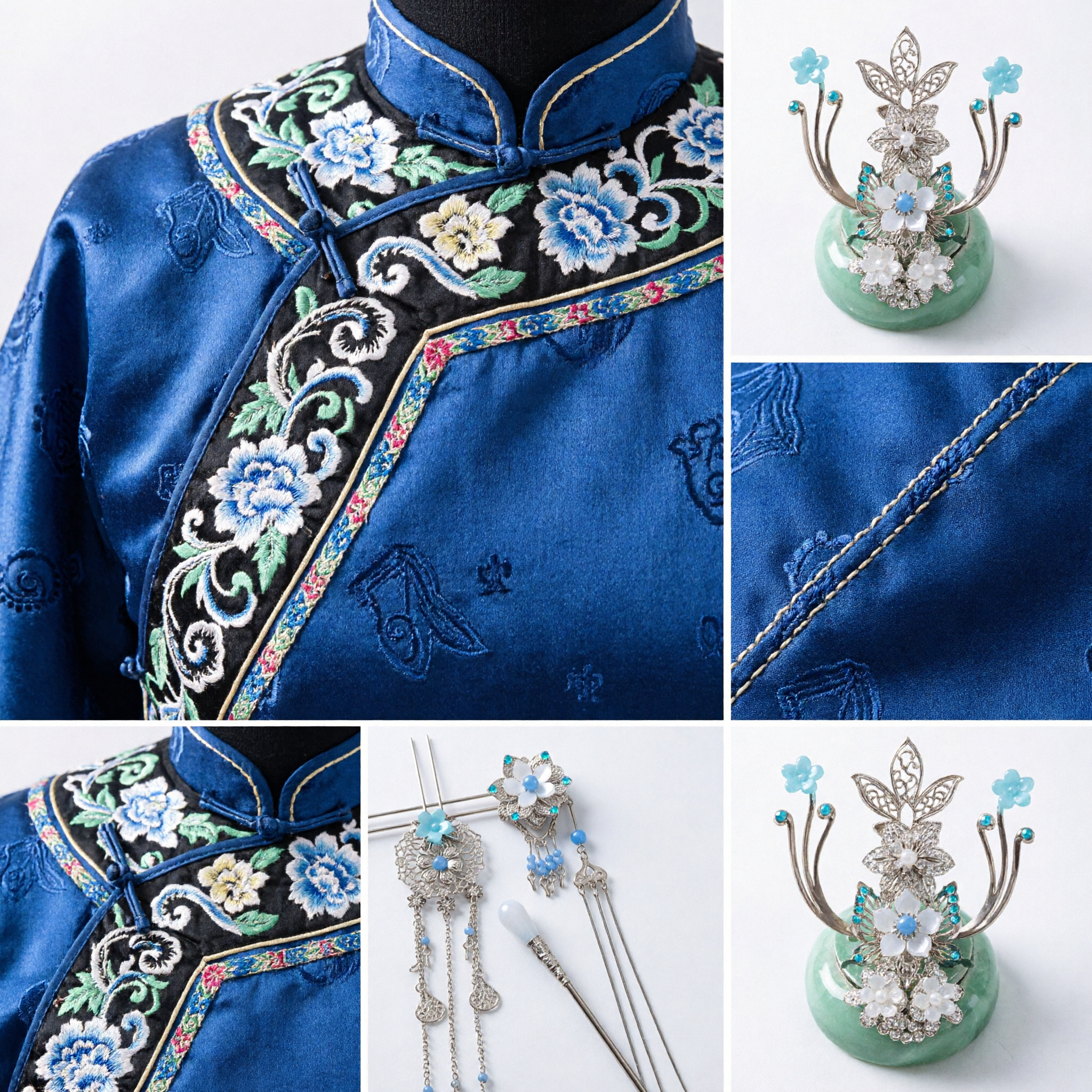 Traditional Chinese Hanfu Hair Accessories Set Silver Filigree Blue Flower Hairpins and Comb for Women Cosplay - Asian Costume