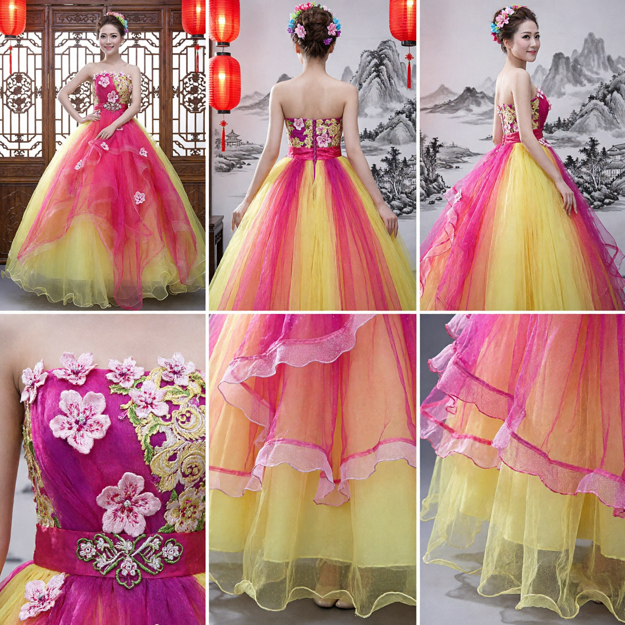Modern Chinese Traditional Wedding Dress Strapless Pink and Yellow Floral Tulle Ballgown for Bride - Asian Costume