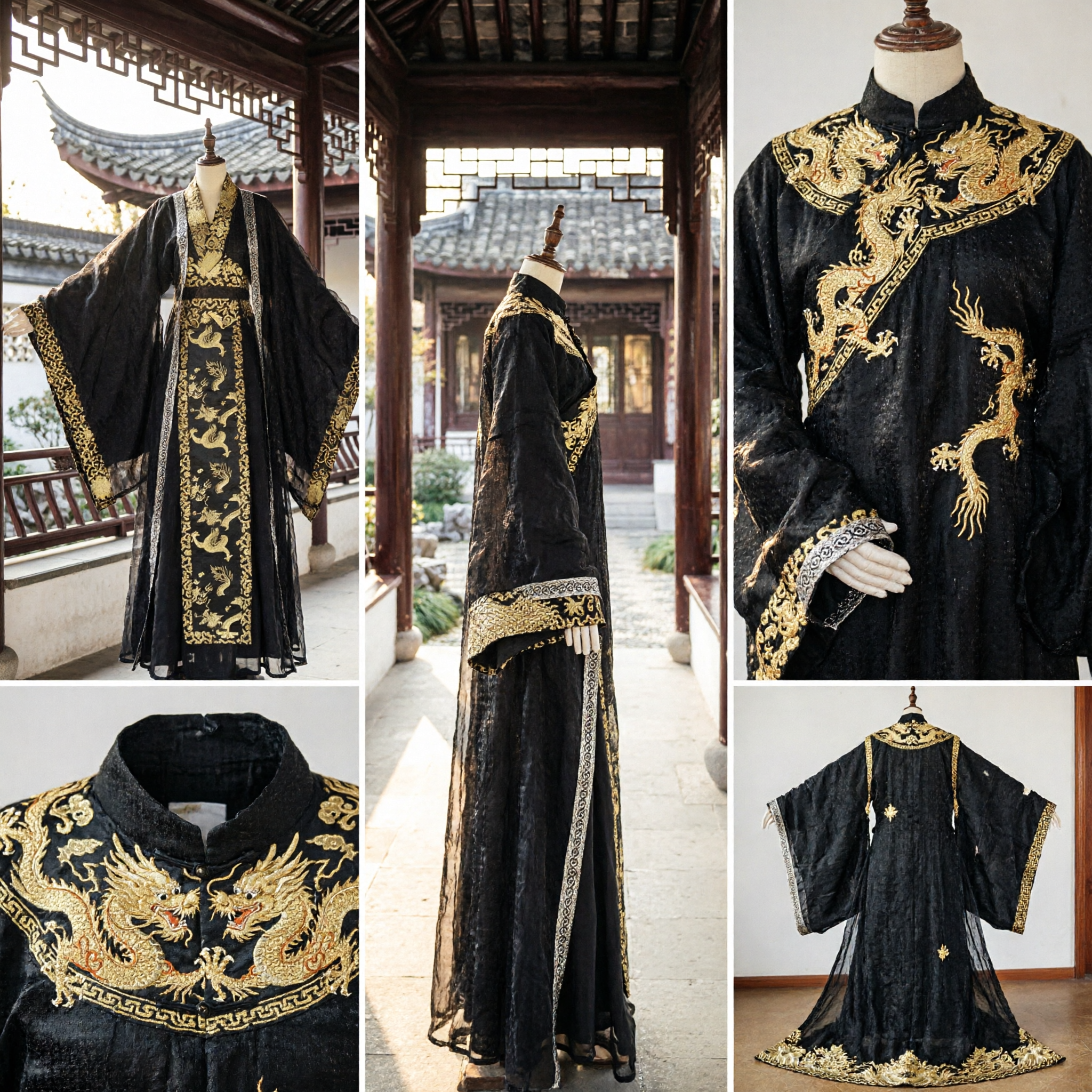 Traditional Chinese Black Hanfu Robe Ancient Queen Costume Gold Embroidery for Cosplay Stage Performance - Asian Costume