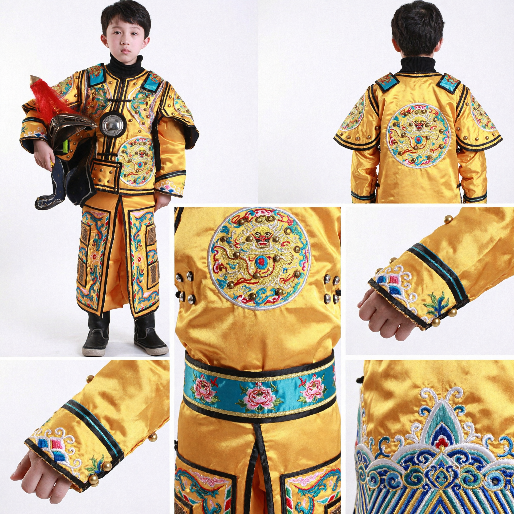 Kids Chinese Traditional Ancient General Warrior Costume Yellow Dragon Embroidery Outfit for Boys Performance - Asian Costume