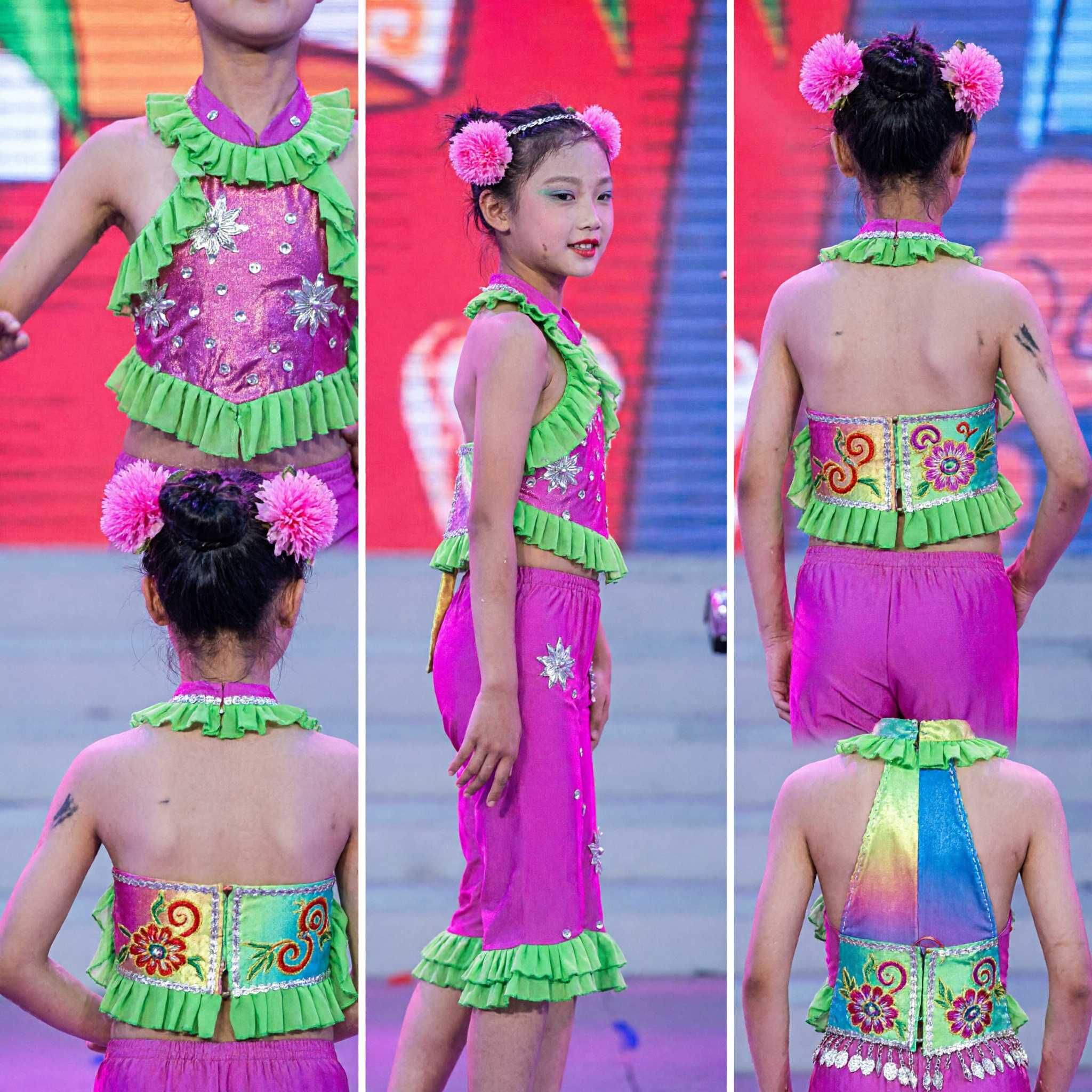 Girls Pink and Green Chinese Folk Dance Costume Erhu Performance Outfit Traditional Stage Wear for Kids - Asian Costume