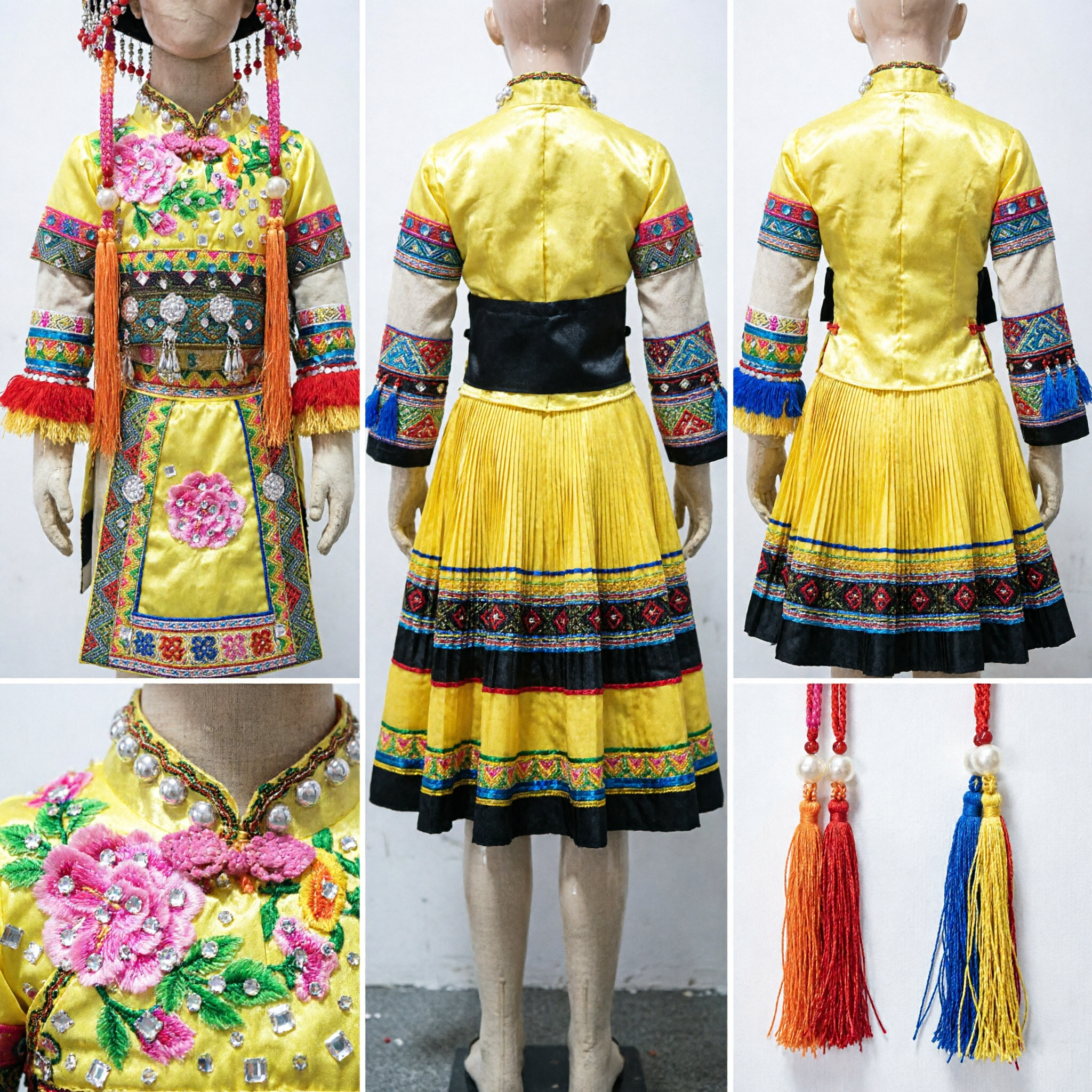 Traditional Chinese Miao Ethnic Minority Yellow Folk Dance Costume Dress with Silver Jewelry for Women - Asian Costume