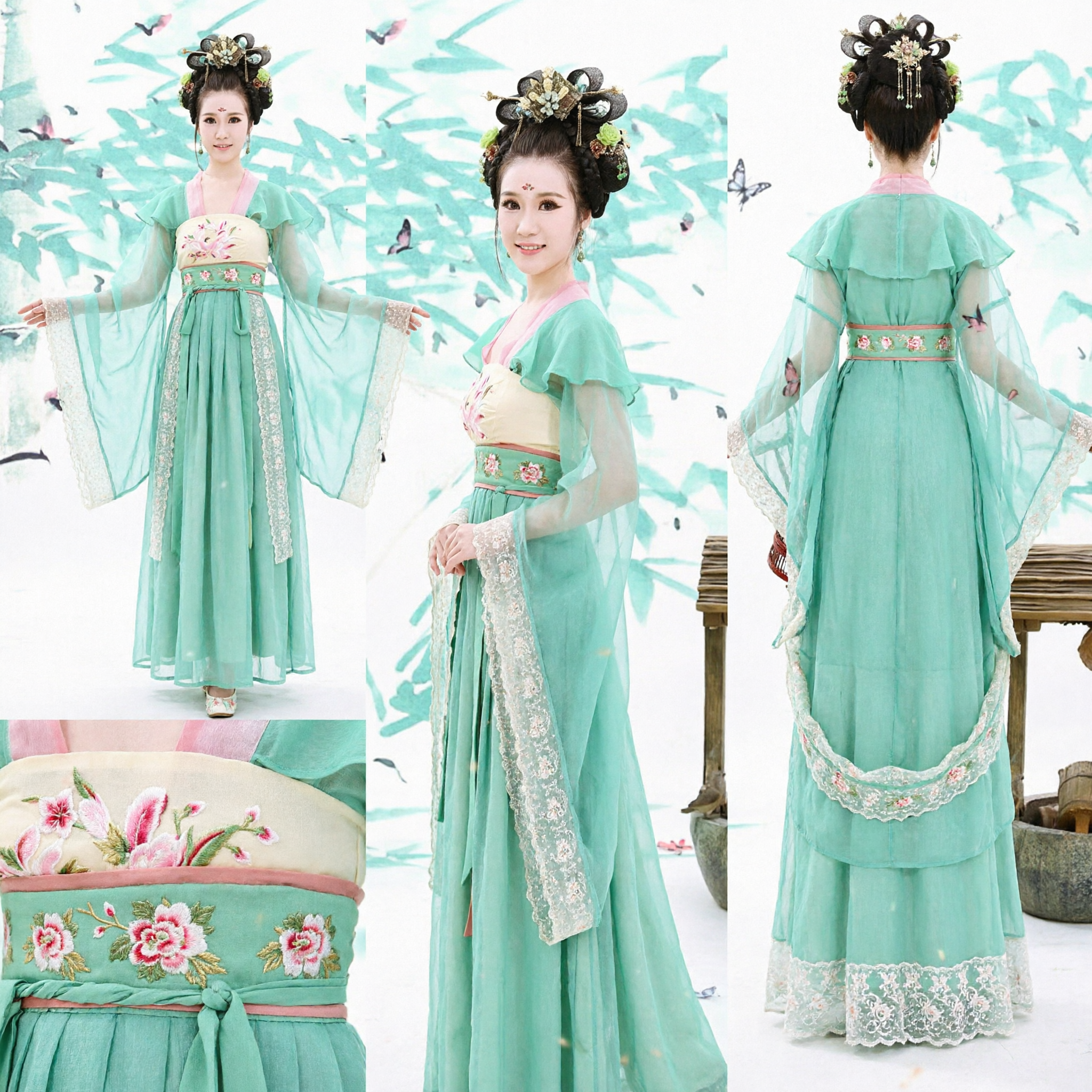 Ancient Chinese Tang Dynasty Princess Hanfu Green Traditional Costume Complete Set for Women Performance - Asian Costume