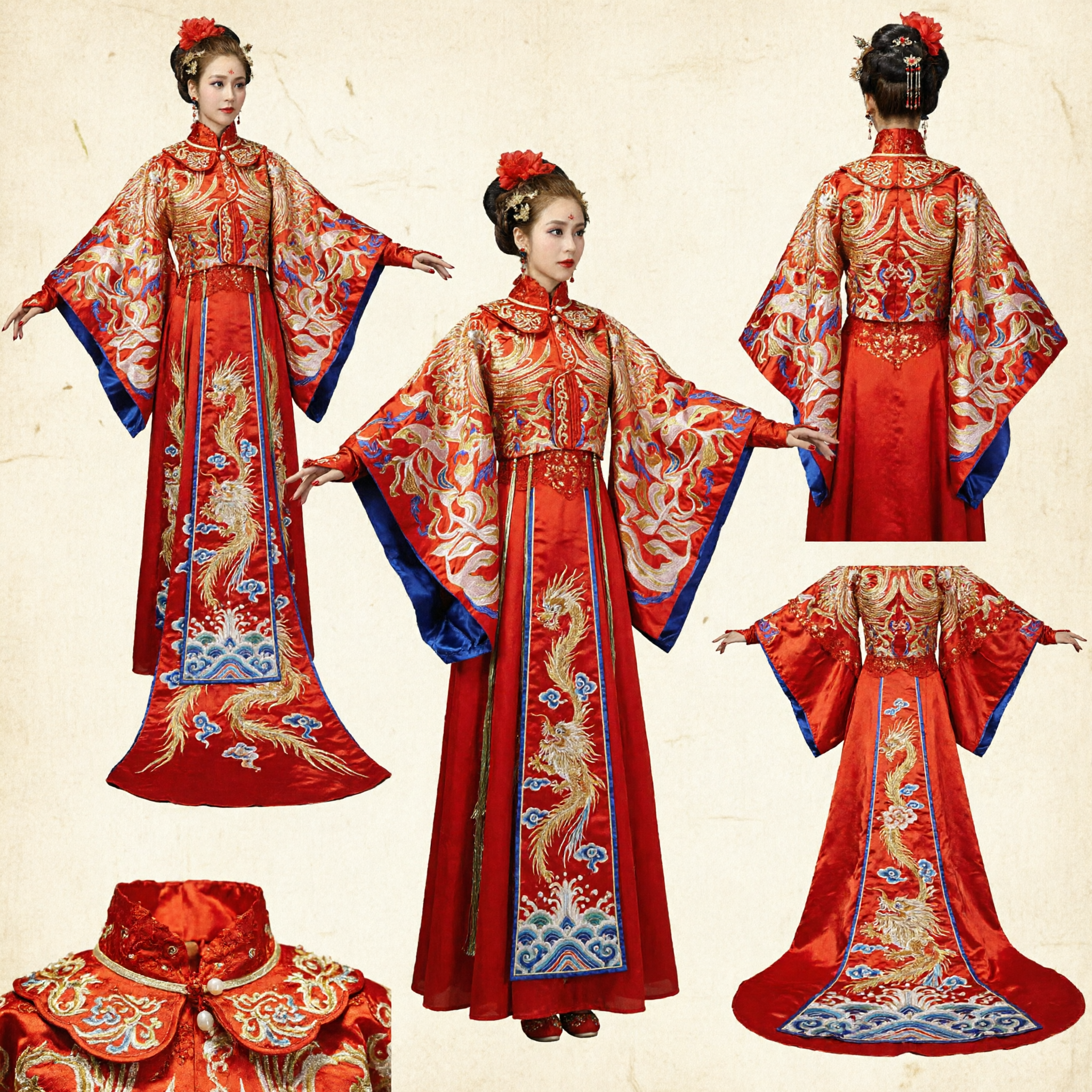 Traditional Chinese Wedding Dress Ancient Bride Red Phoenix Cape Embroidery Gown Hanfu Costume for Women - Asian Costume