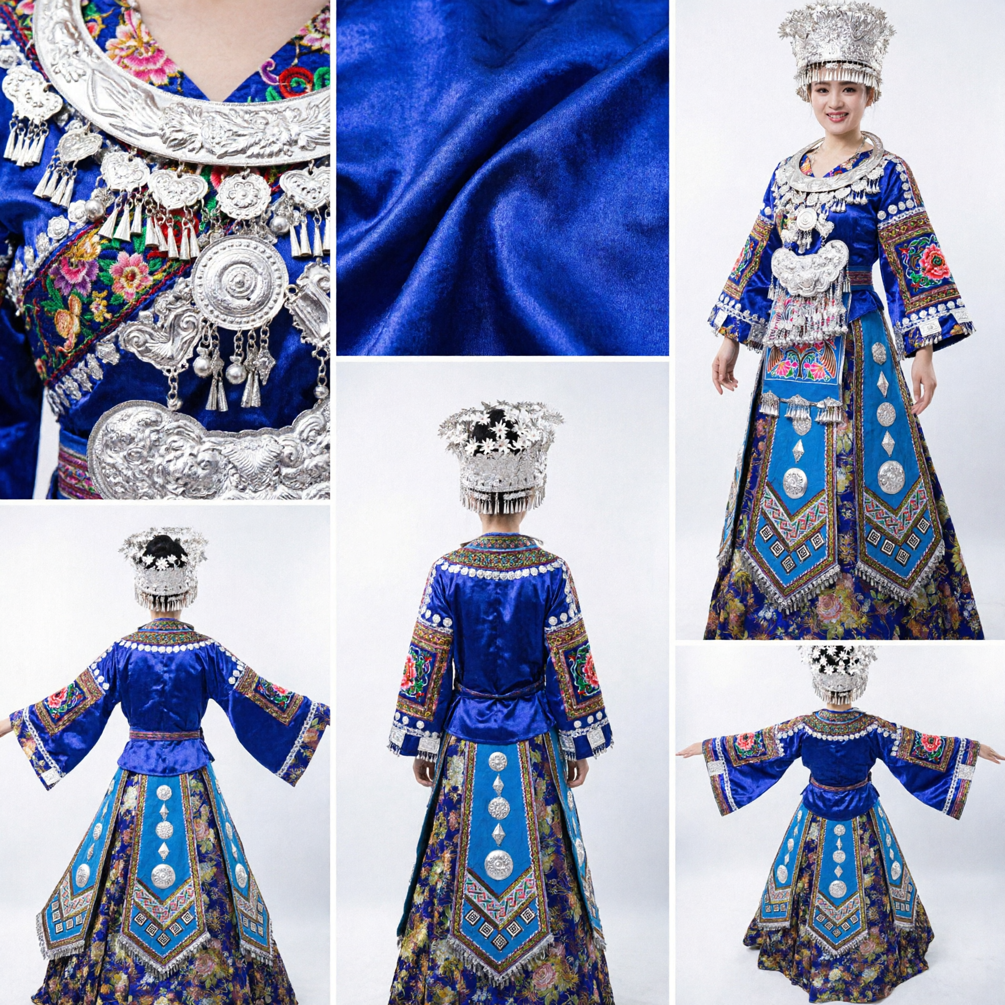 Royal Blue Chinese Miao Ethnic Costume with Silver Jewelry for Folk Dance Stage Performance - Asian Costume