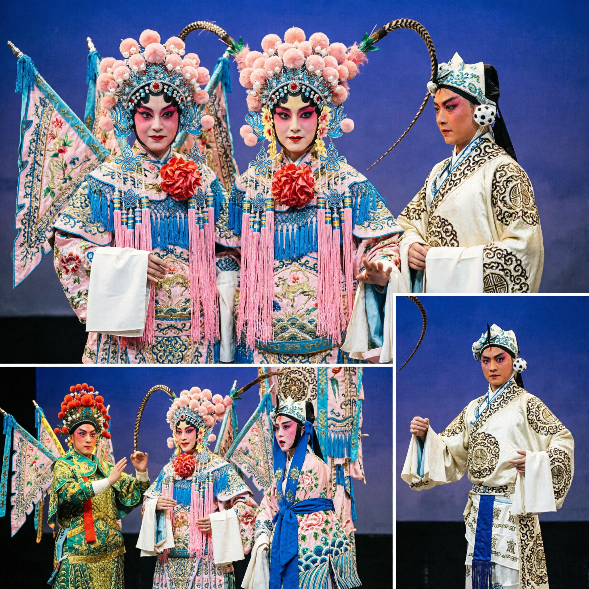Traditional Chinese Beijing Opera Warrior Costumes with Embroidered Robes and Elaborate Headdresses for Stage Performance - Asian Costume