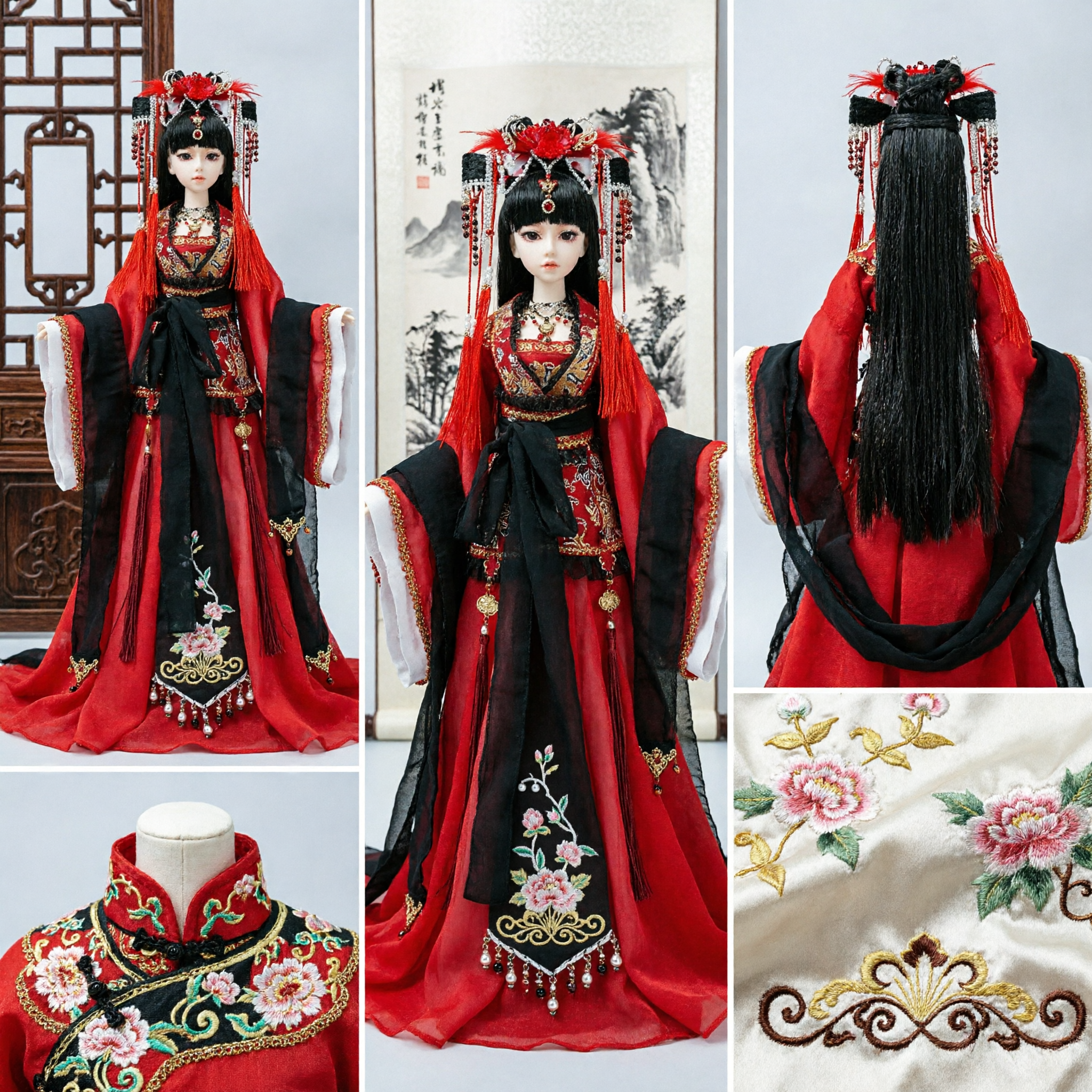 Traditional Chinese Red and Black Hanfu Ancient Costume Complete Set for 60cm BJD Doll Imperial Empress Style - Asian Costume