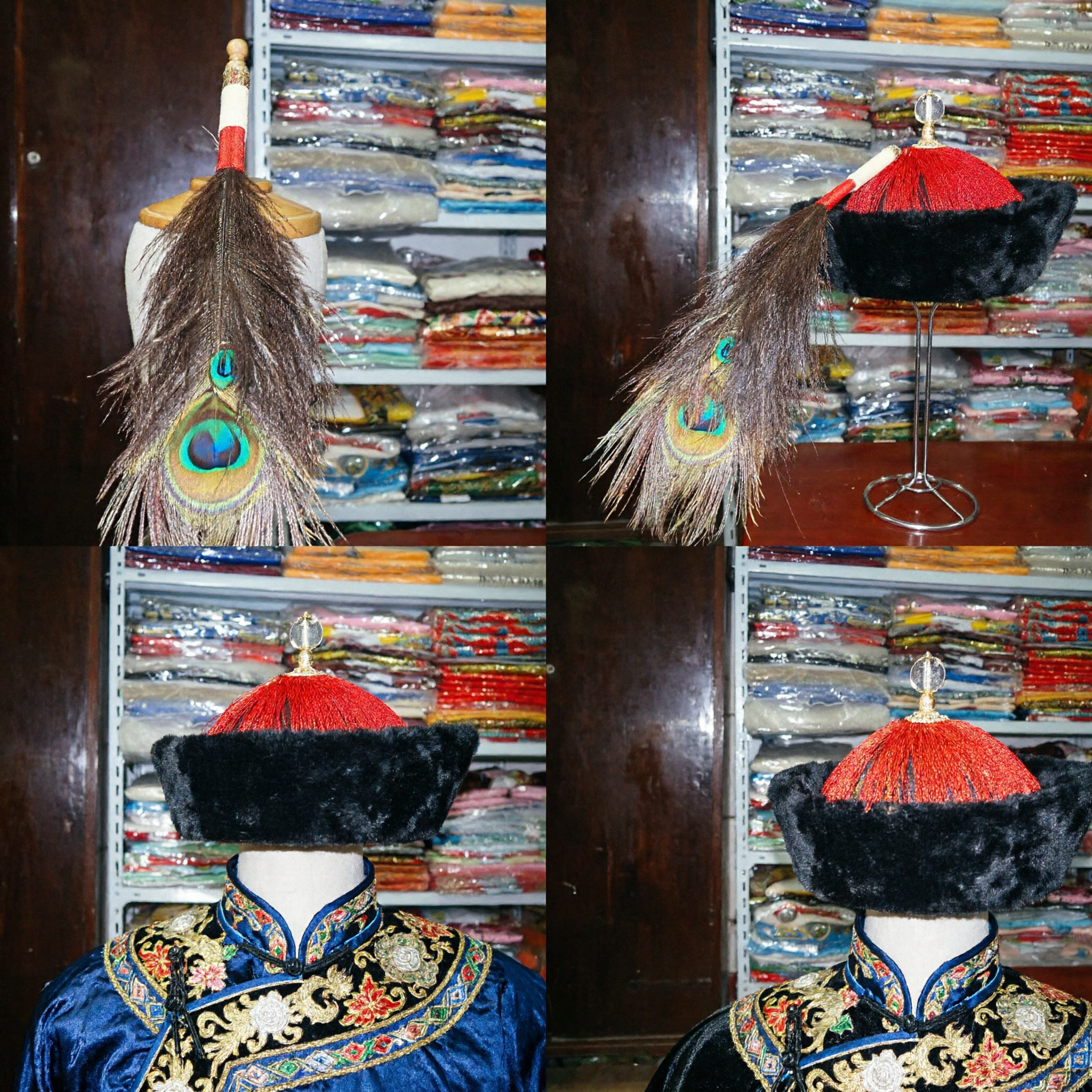 Traditional Chinese Qing Dynasty Emperor Costume Hat with Peacock Feather Plume Black Fur Official Headwear for Men - Asian Costume