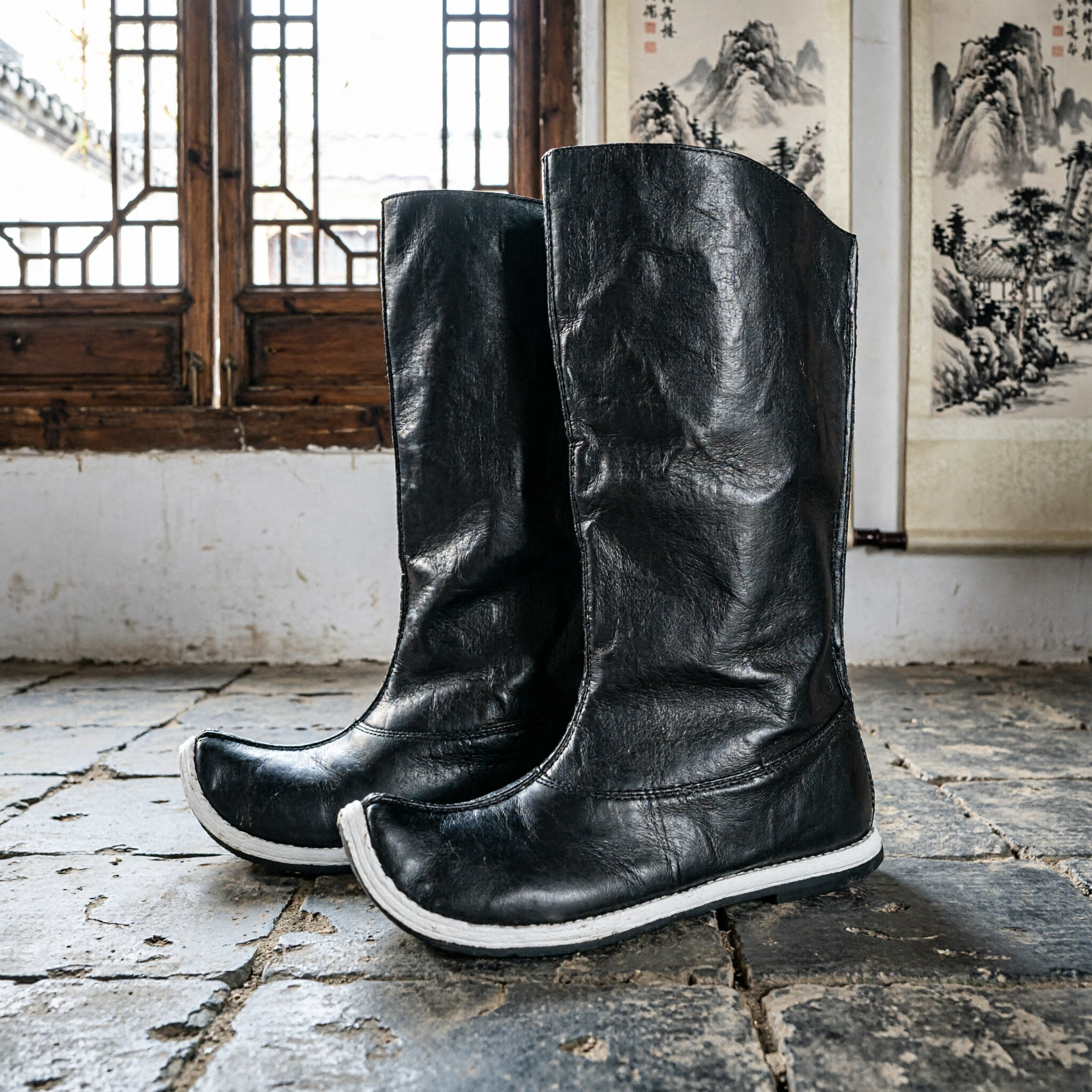 Traditional Chinese Mongolian Black Leather Boots Ancient Warrior Kung Fu Footwear for Men - Asian Costume