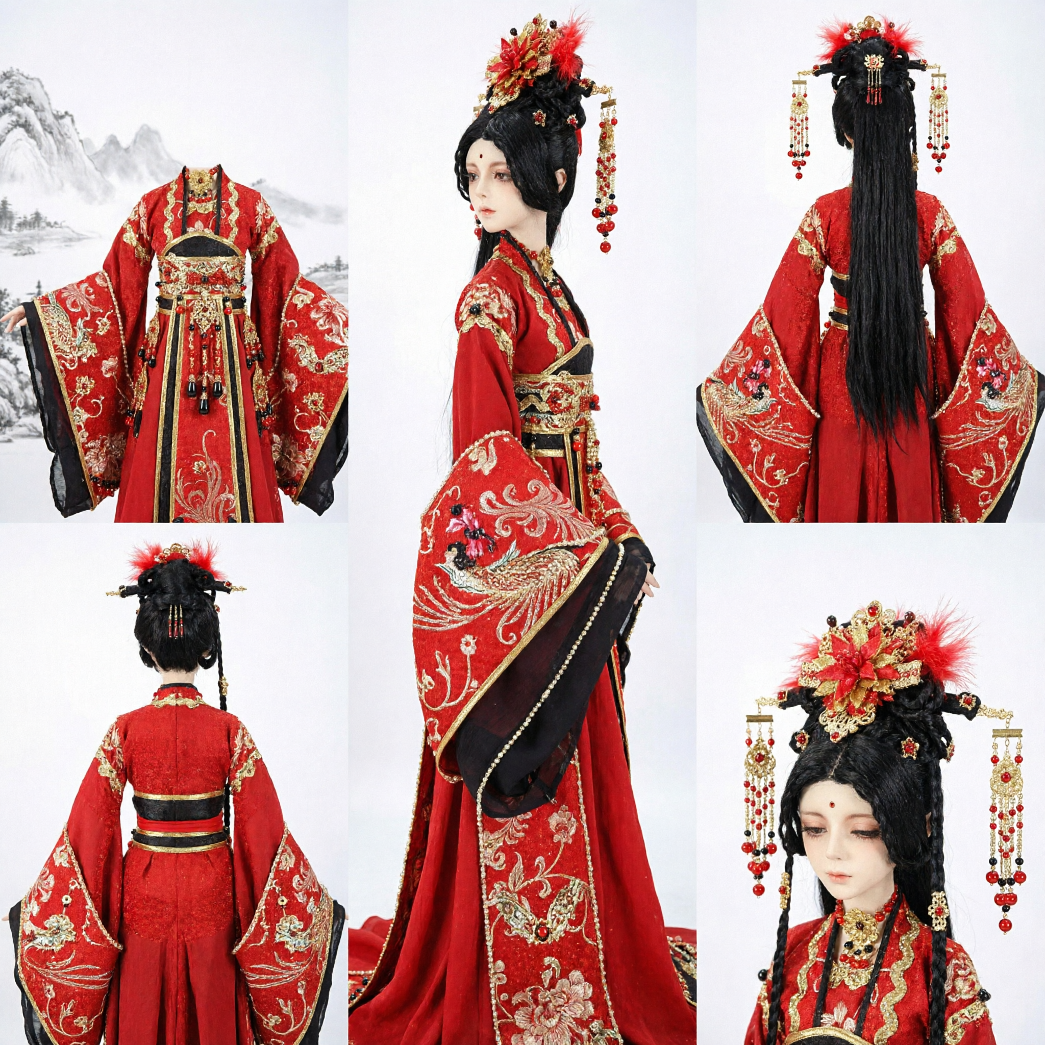 Exquisite Traditional Chinese Hanfu Costume for Dolls Ancient Red Bridal Dress with Gold Embroidery and Headdress - Asian Costume