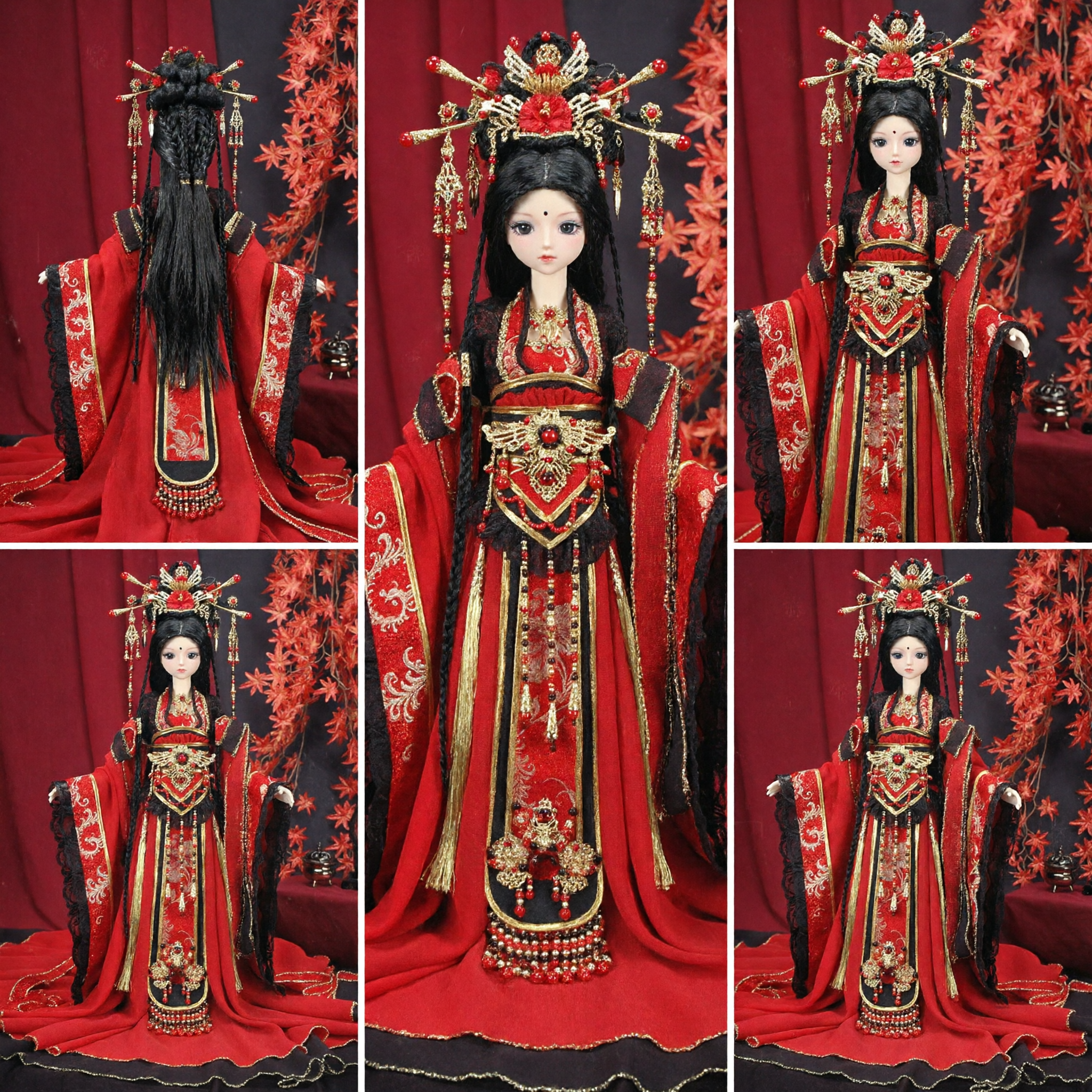 Exquisite Traditional Chinese Ancient Palace Princess Doll in Red and Black Hanfu Wedding Costume Collection - Asian Costume