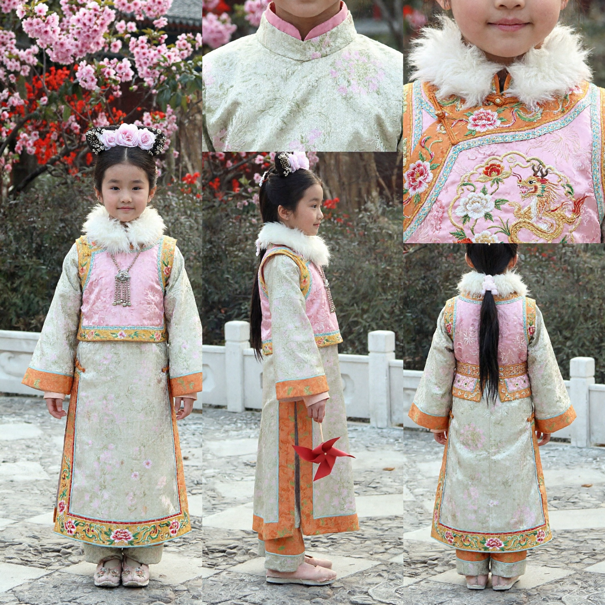 Traditional Chinese Qing Dynasty Princess Costume for Girls Pink Ancient Clothing Set for Kids Performance - Asian Costume