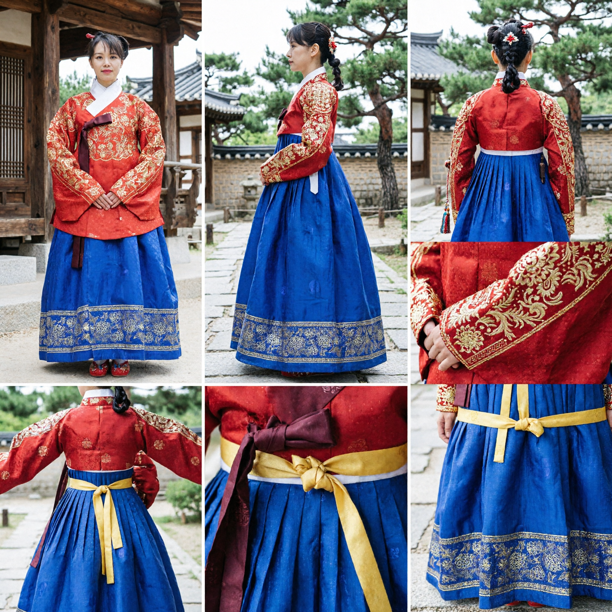 Elegant Korean Hanbok Traditional Dress for Women Red Floral Jeogori Blue Skirt Palace Costume for Wedding - Asian Costume