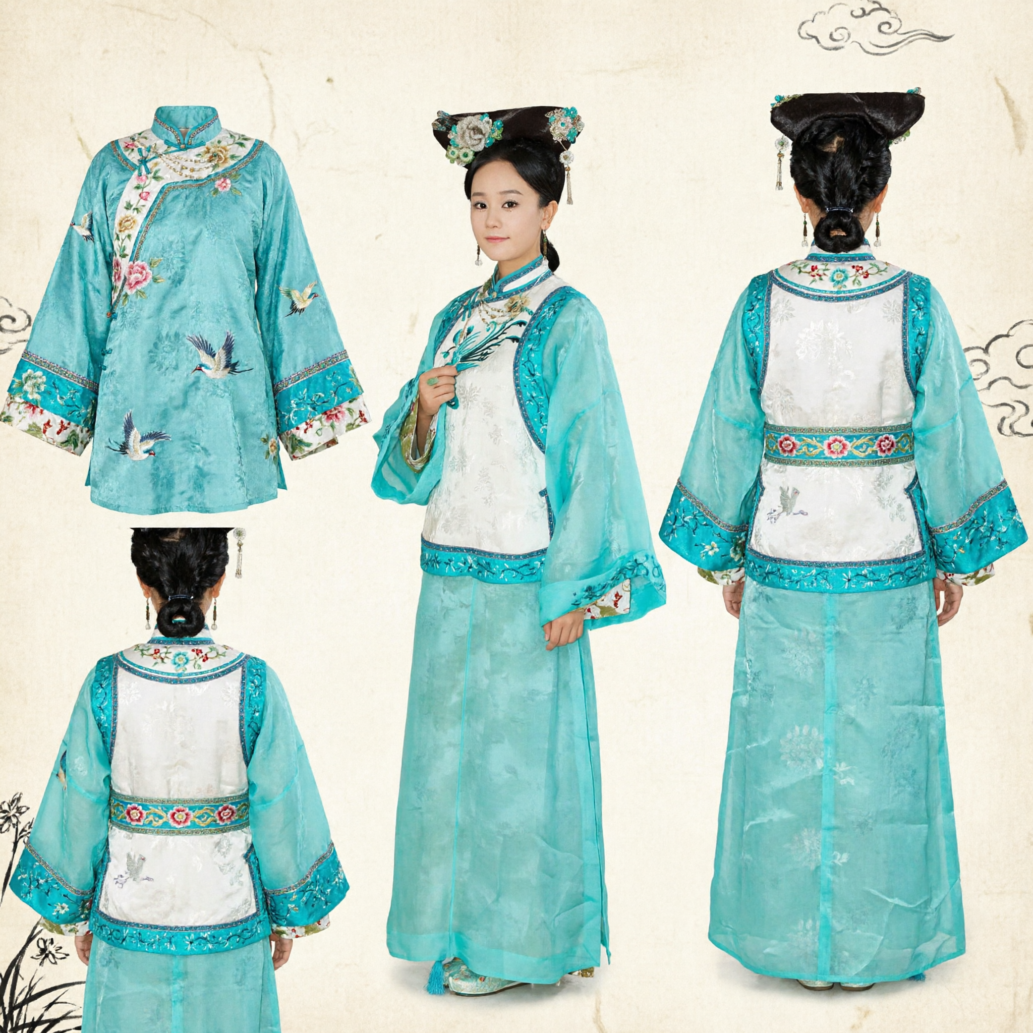 Ancient Chinese Qing Dynasty Palace Lady Costume Turquoise Manchu Embroidered Dress with Headpiece for Women - Asian Costume