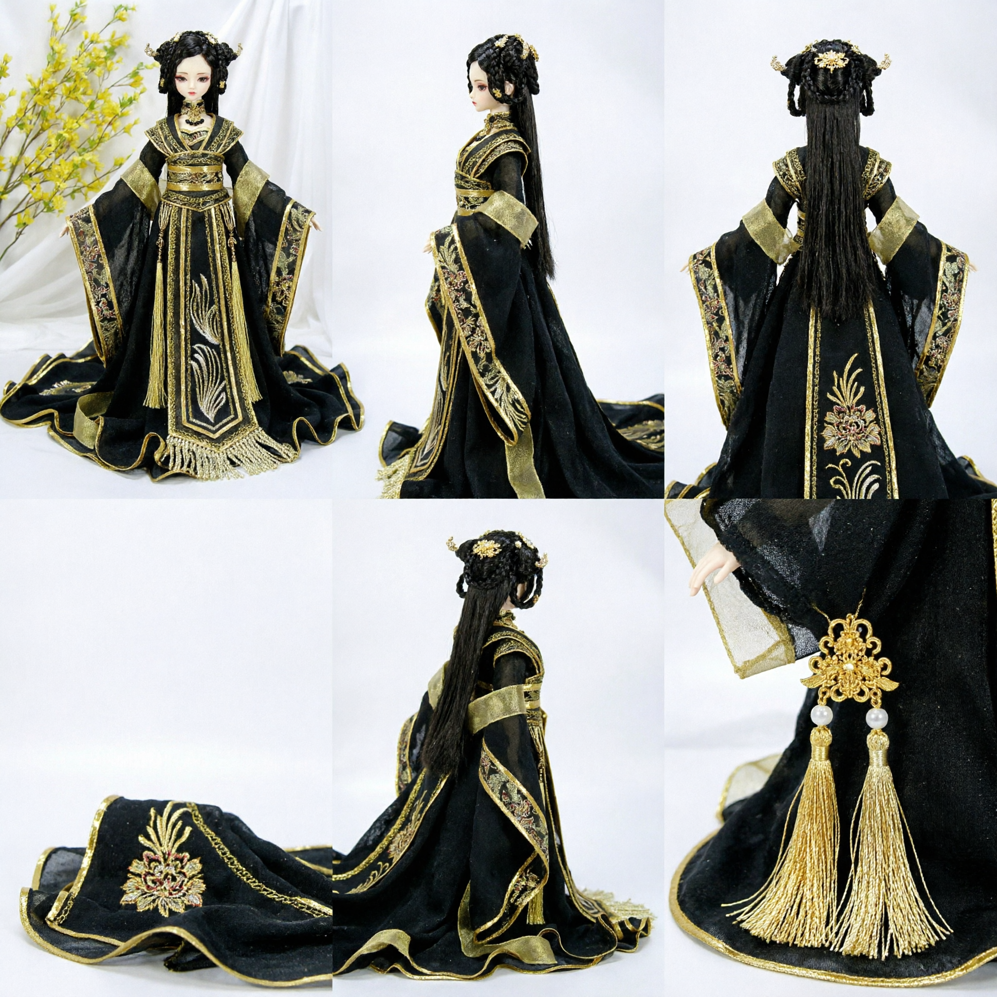 Exquisite Traditional Chinese Hanfu Doll in Black and Gold Empress Costume with Jewelry for Collectors and Home Decor - Asian Costume
