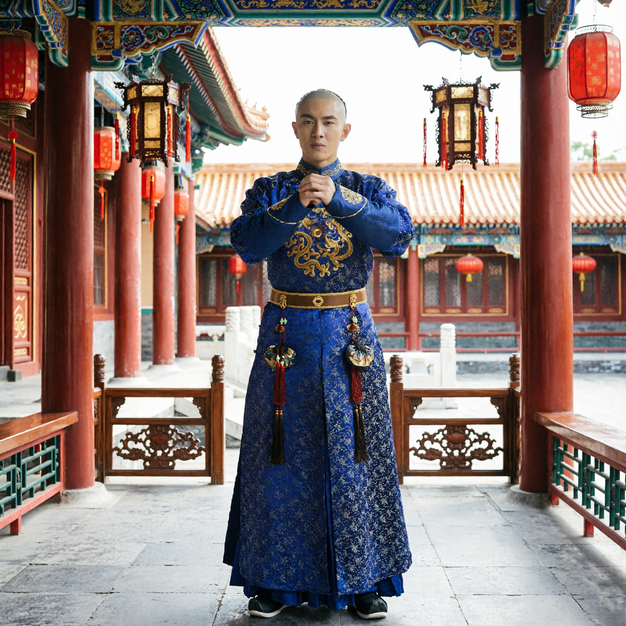 Traditional Chinese Qing Dynasty Blue Brocade Robe with Gold Embroidery for Men Historical Costume Cosplay - Asian Costume
