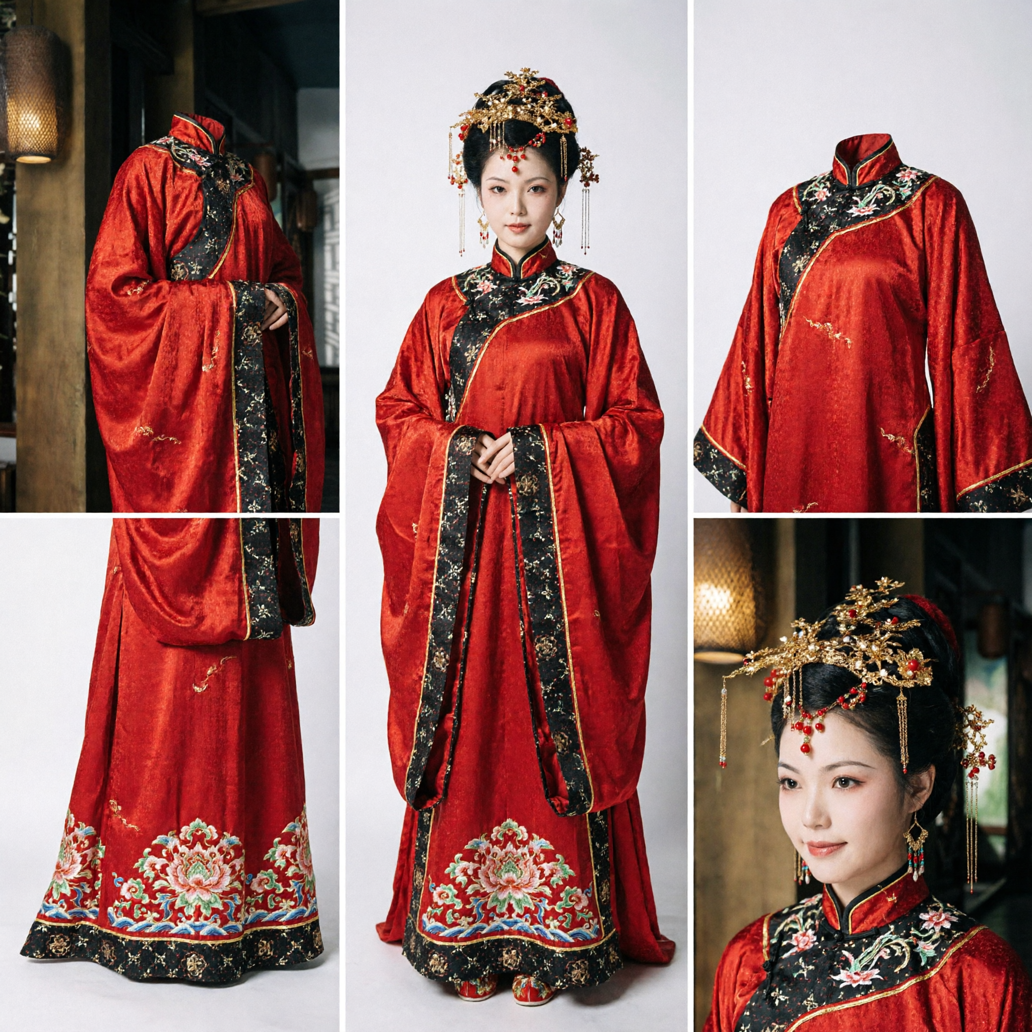 Traditional Chinese Red Hanfu Costume with Embroidery and Headdress for Women Ancient Wedding Photography - Asian Costume