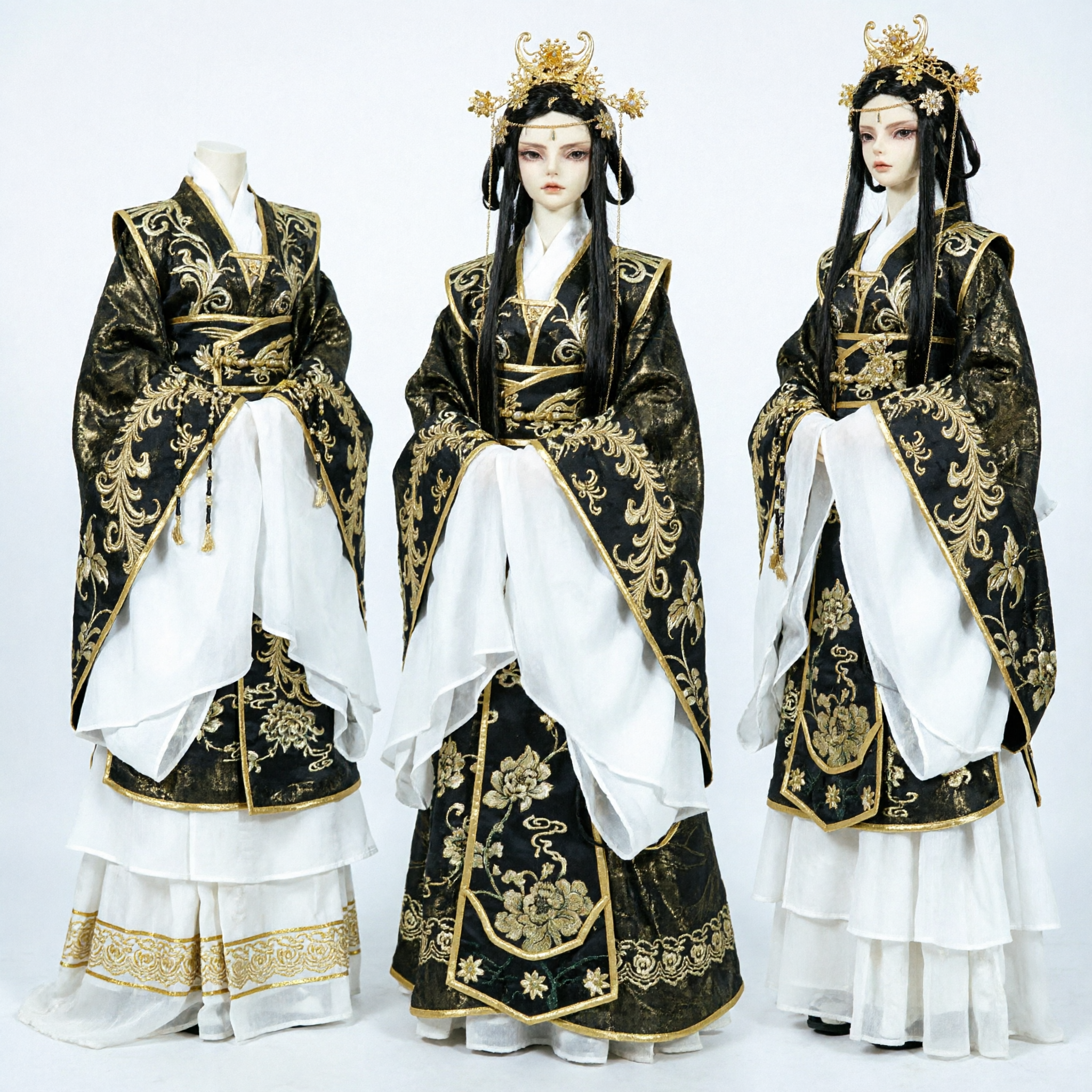 Exquisite Black and Gold Traditional Chinese Hanfu Costume with Headdress for BJD Dolls Cosplay - Asian Costume