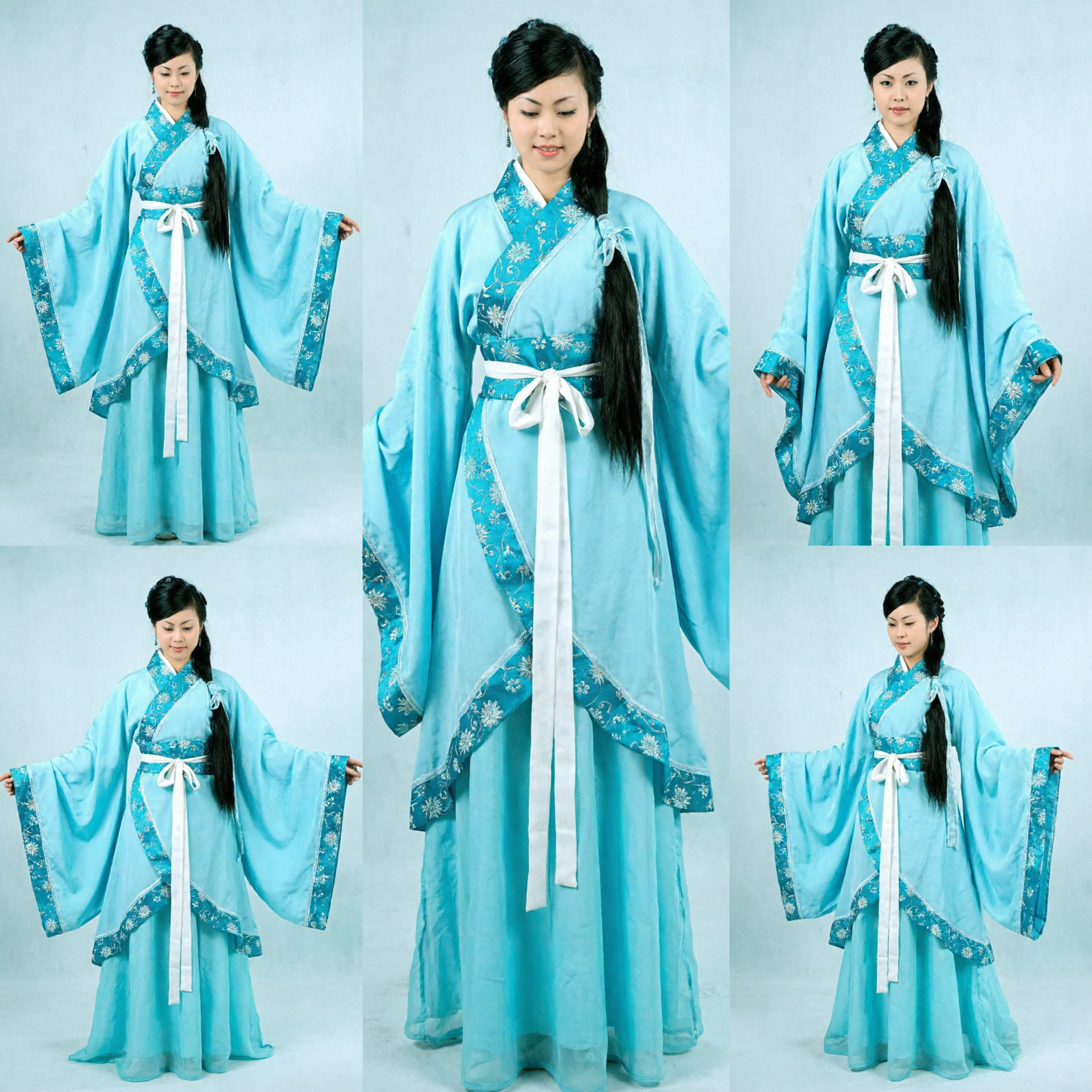 Elegant Traditional Chinese Hanfu Costume Light Blue Ancient Embroidered Cross Collar Wide Sleeve Dress for Women - Asian Costume