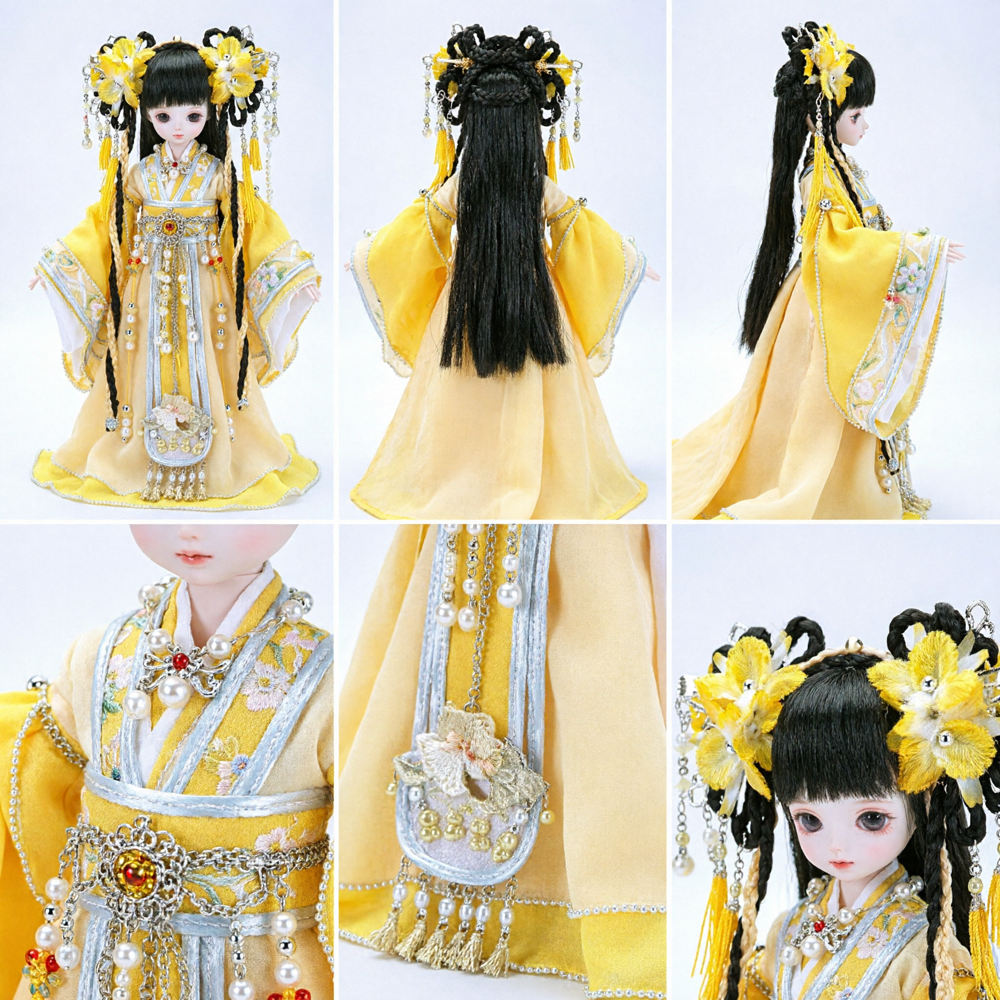 Exquisite Yellow Ancient Chinese Hanfu Costume Set for BJD Dolls with Floral Hair Accessories and Jewelry - Asian Costume