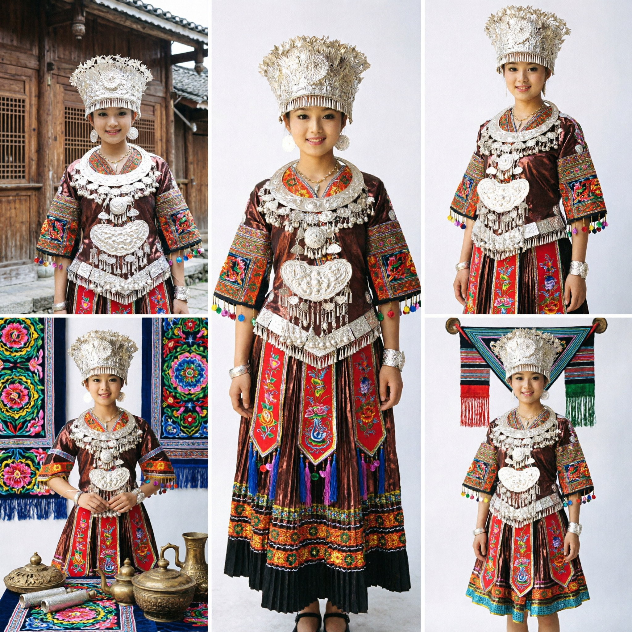 Girls Chinese Miao Ethnic Folk Dance Costume Traditional Dress with Silver Jewelry and Headpiece - Asian Costume