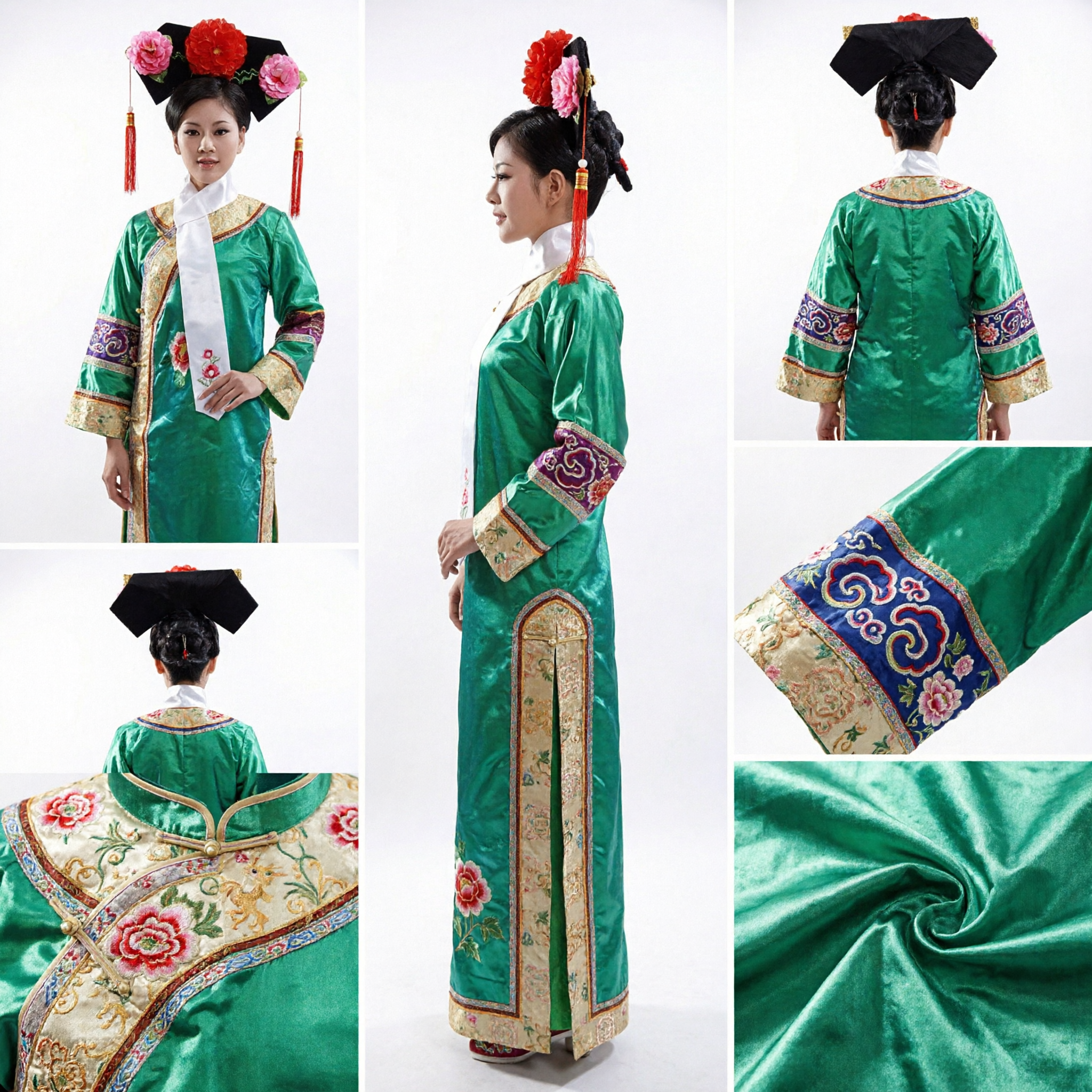 Women's Traditional Chinese Qing Dynasty Manchu Palace Concubine Green Dress with Flower Headdress for Cosplay and Stage Performance - Asian Costume