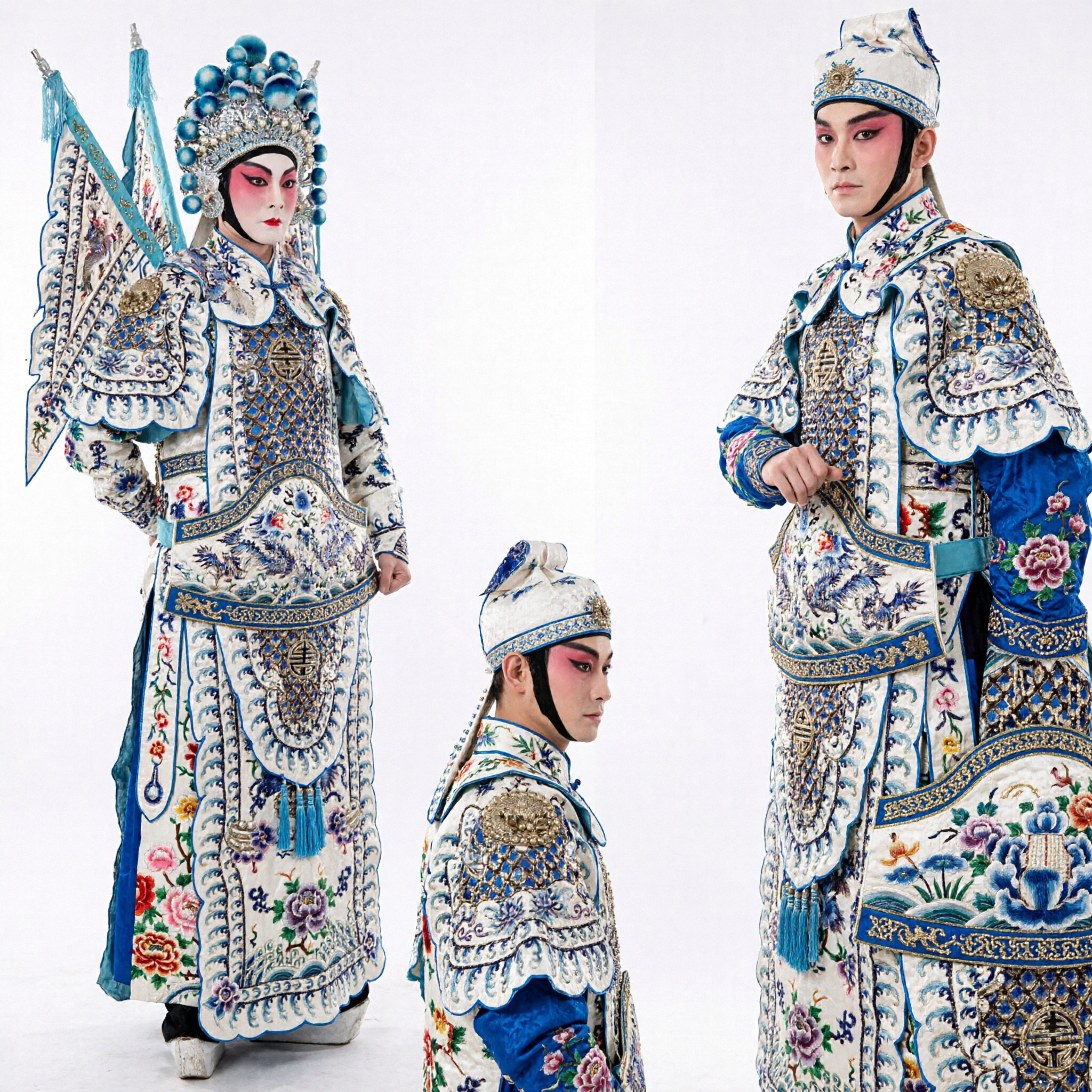 Exquisite Chinese Beijing Opera General Armor Costume with Flags and Headdress for Traditional Stage Performance - Asian Costume