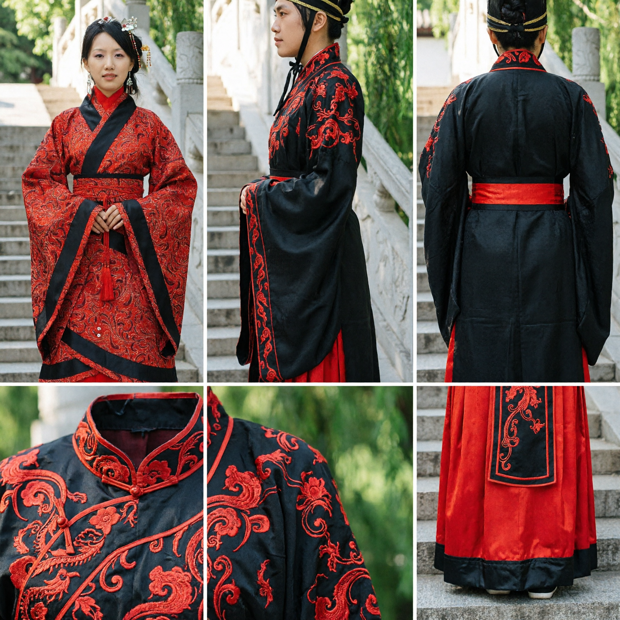 Traditional Chinese Hanfu Wedding Couple Set Red Black Han Dynasty Style Formal Robes for Men and Women - Asian Costume