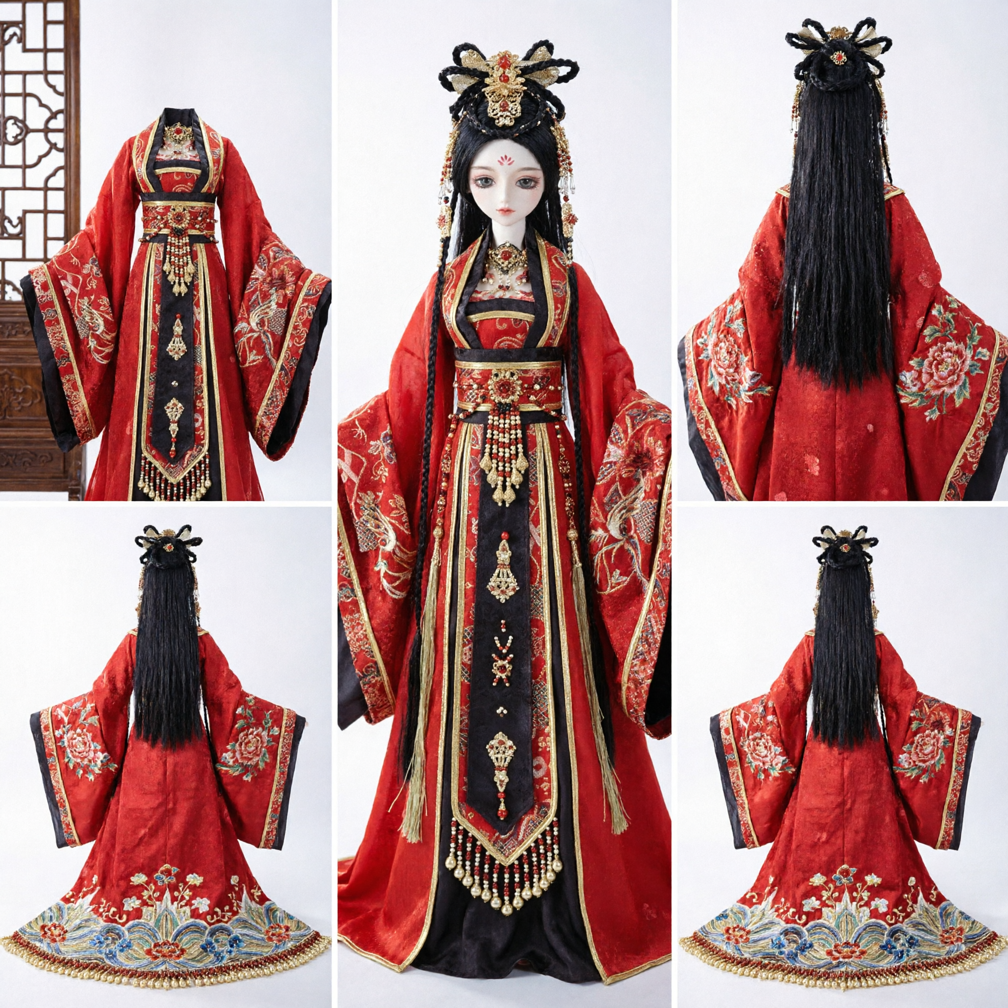 Exquisite Chinese Traditional Hanfu Doll Costume Red and Black Ancient Princess Outfit for Collectors and Display - Asian Costume