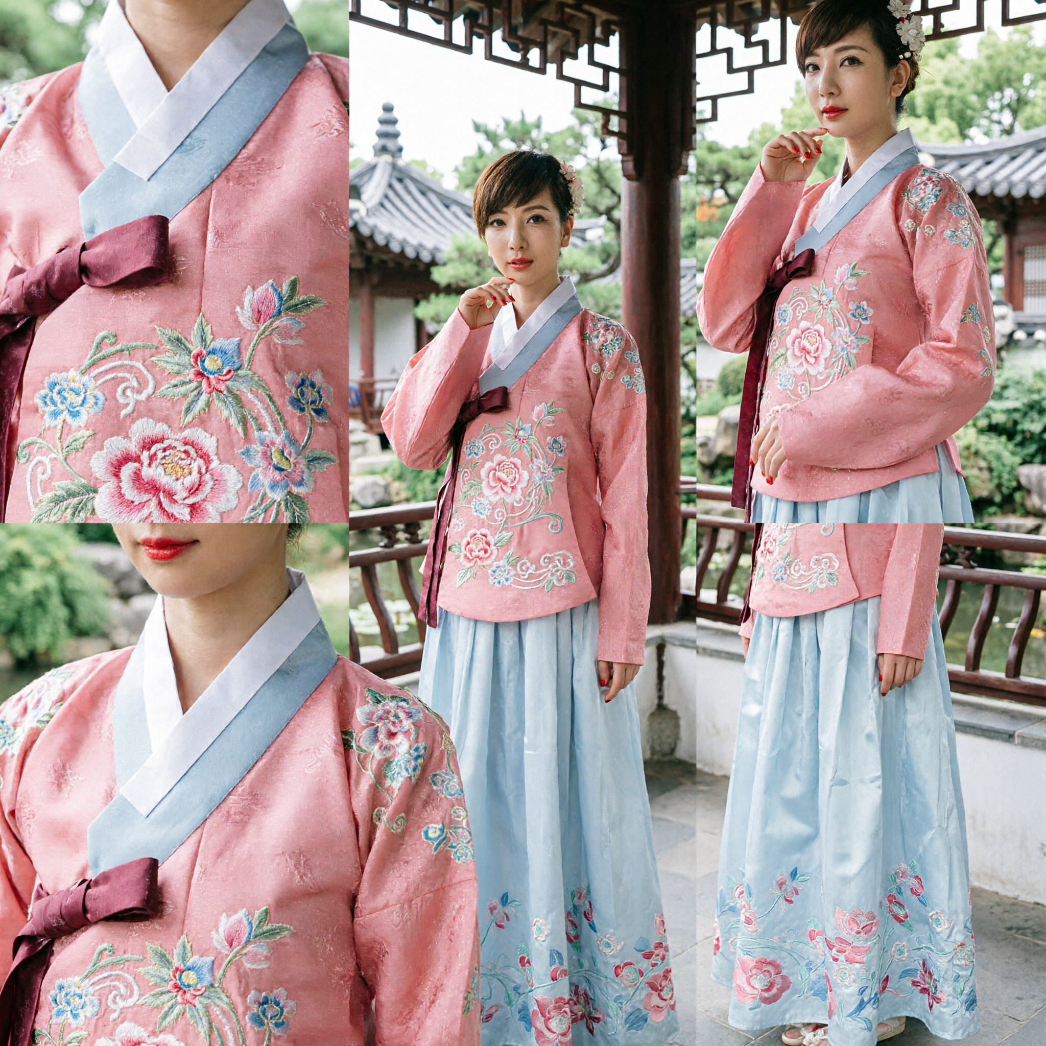 Women's Traditional Korean Hanbok Dress Pink Embroidered Jeogori and Blue Chima Skirt for Wedding Performance - Asian Costume