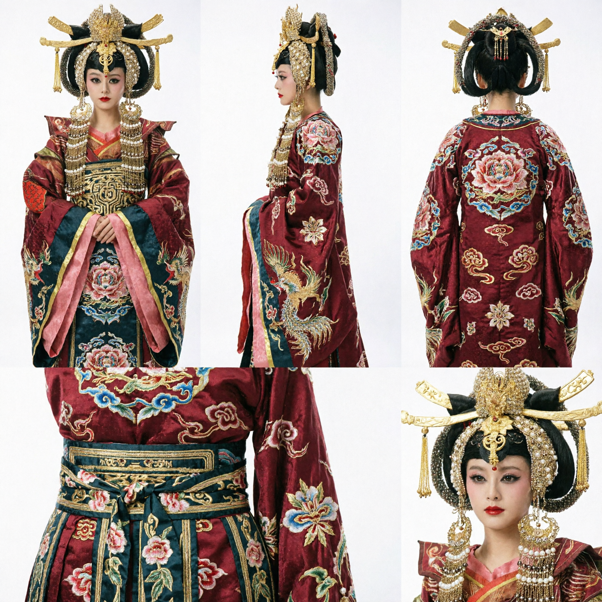 Traditional Chinese Tang Dynasty Empress Wu Zetian Hanfu Costume with Elaborate Gold Pearl Headdress for Stage Performance - Asian Costume
