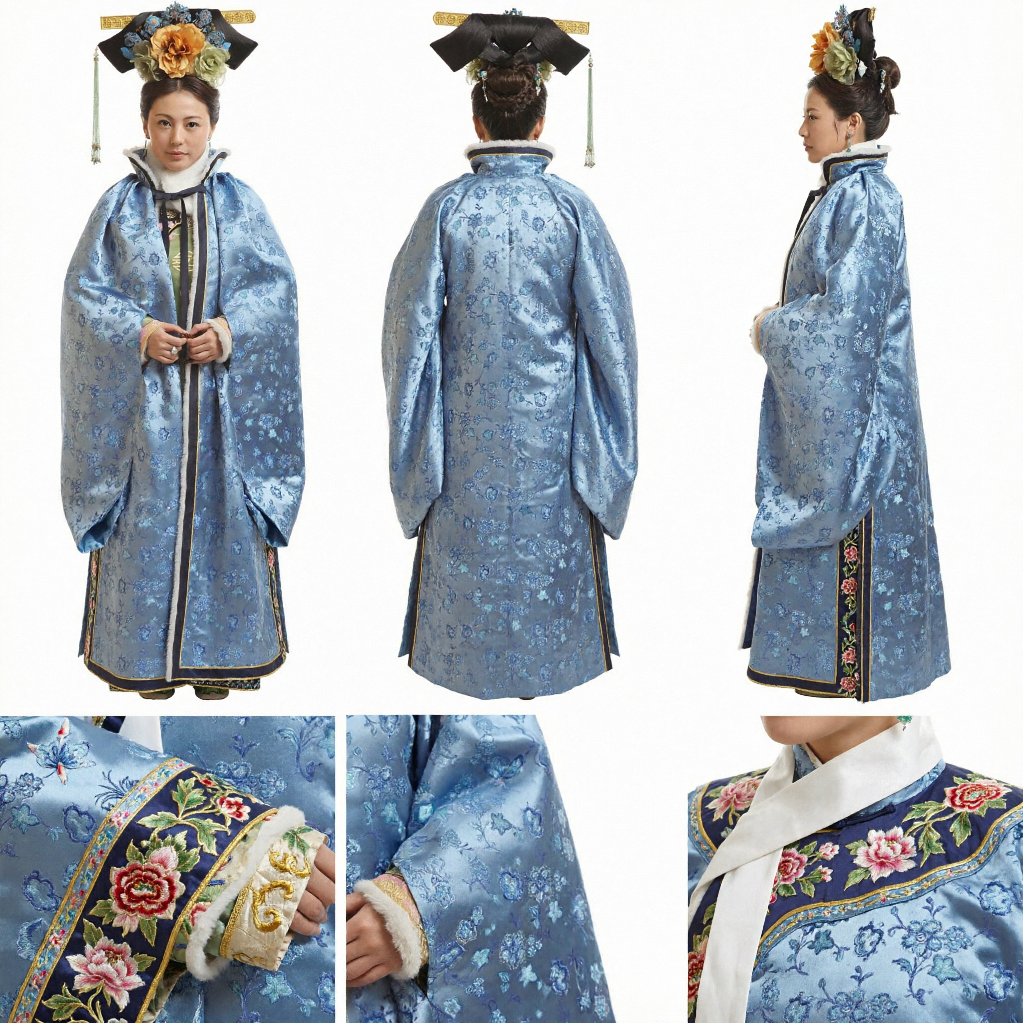 Traditional Chinese Qing Dynasty Blue Floral Pifeng Cloak with Fur Trim and Headdress Women Palace Cosplay Costume - Asian Costume