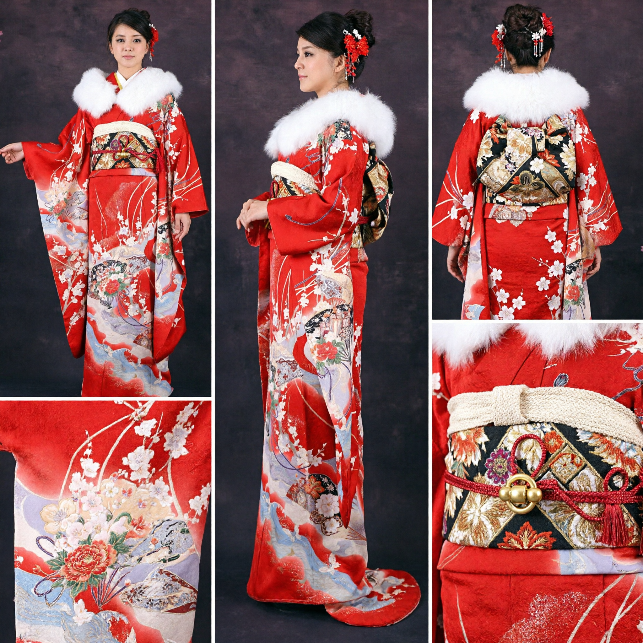 Traditional Red Japanese Furisode Kimono with Floral Pattern and White Fur Stole for Wedding Ceremonies - Asian Costume