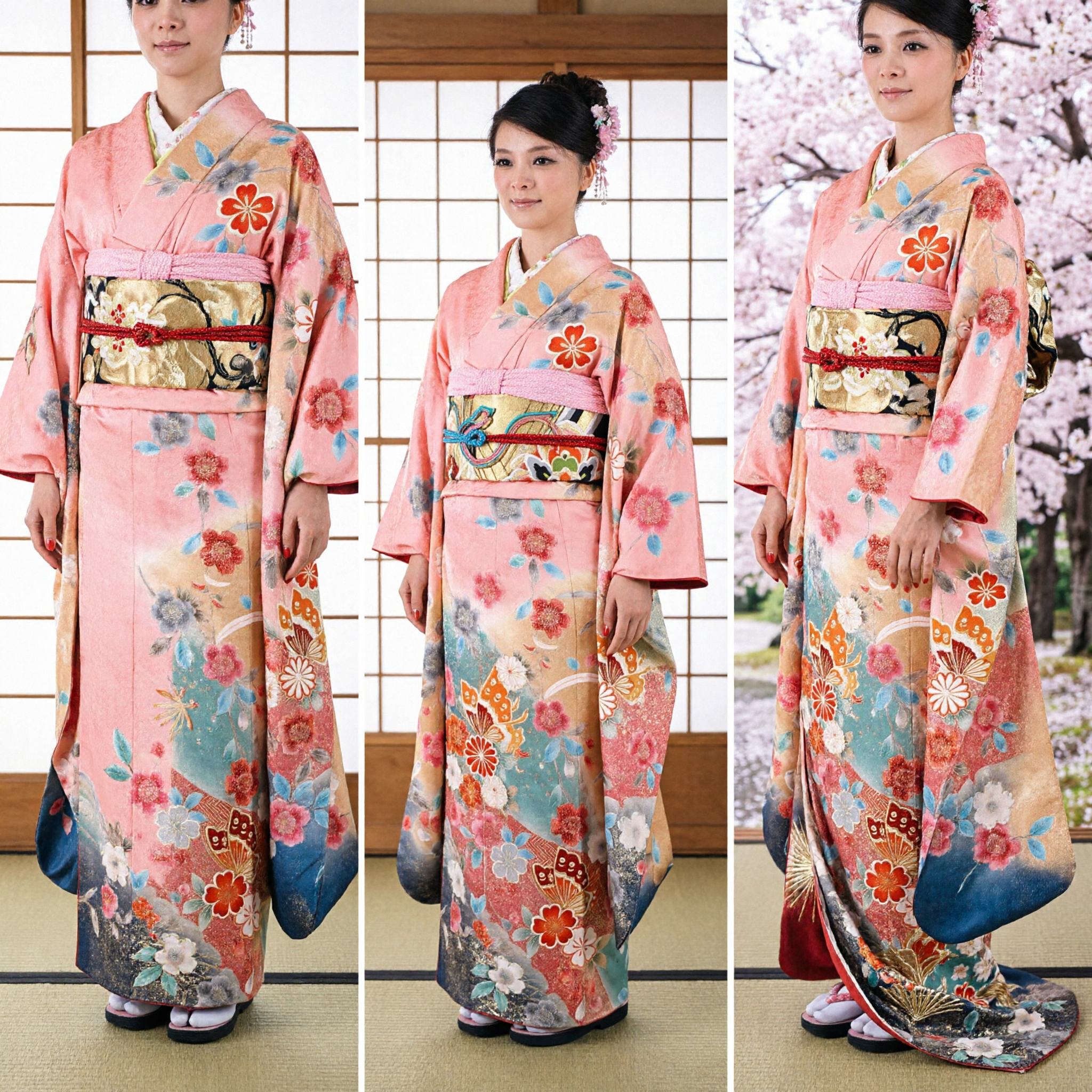 Elegant Pink Floral Japanese Kimono Traditional Furisode Costume for Women Cultural Festival Performance - Asian Costume