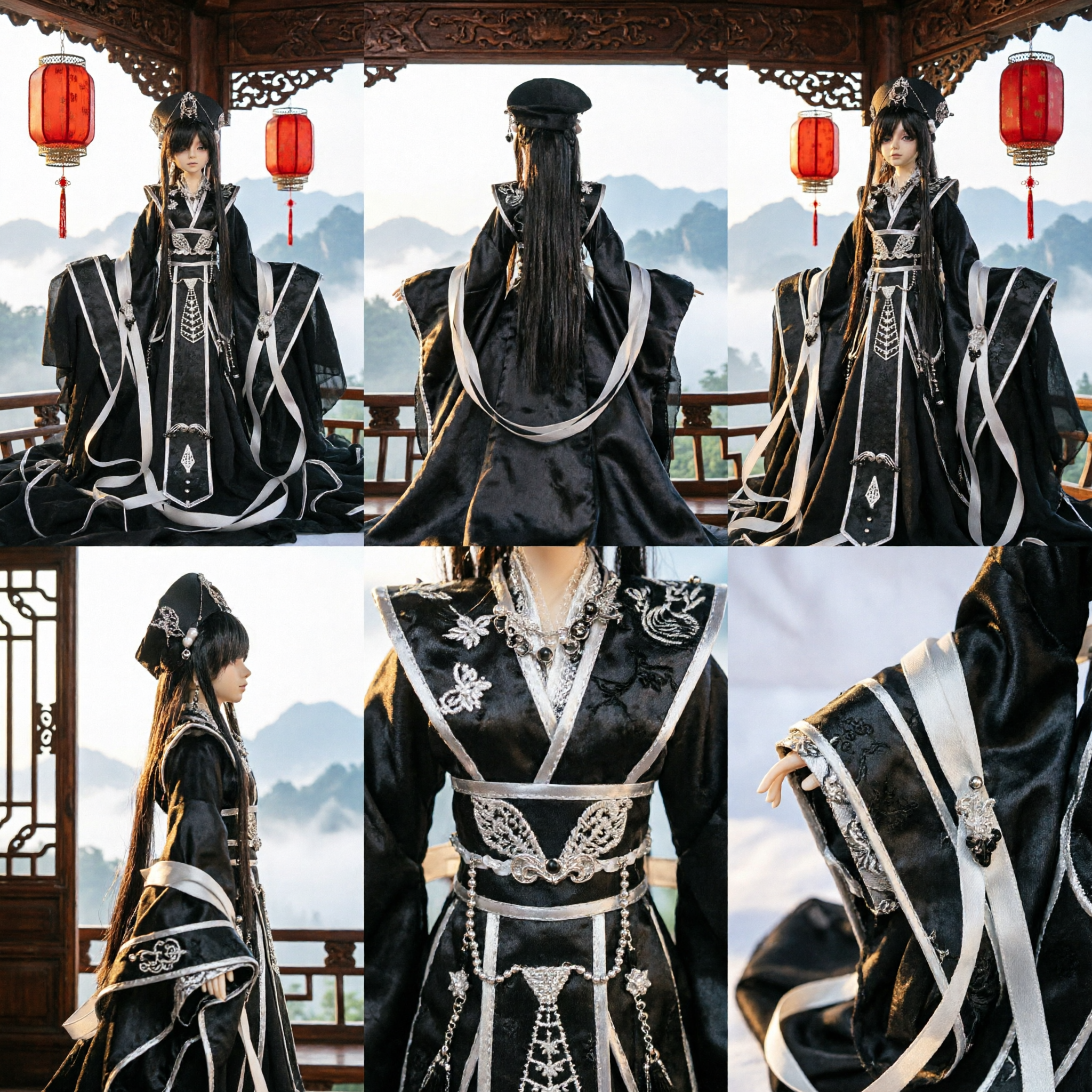 Men's Black Ancient Chinese Hanfu Costume Wuxia Swordsman Cosplay Outfit with Silver Embroidery and Hat - Asian Costume