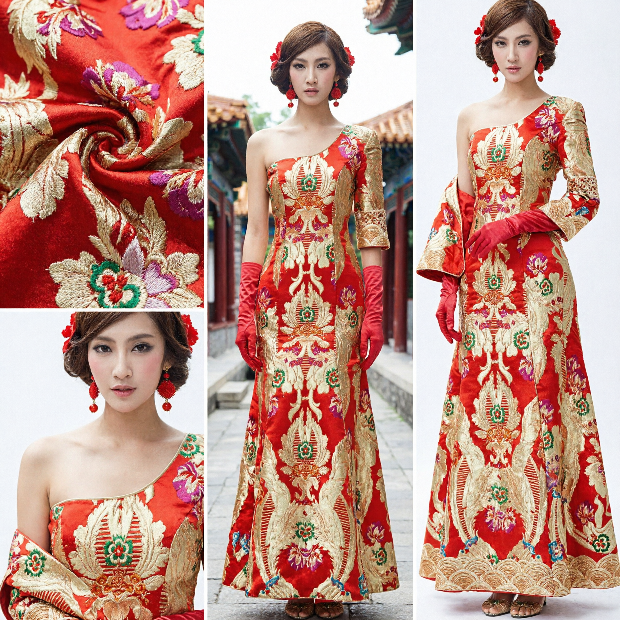 Elegant Red and Gold Brocade Mermaid Cheongsam Wedding Dress Traditional Chinese Qipao Evening Gown for Brides - Asian Costume
