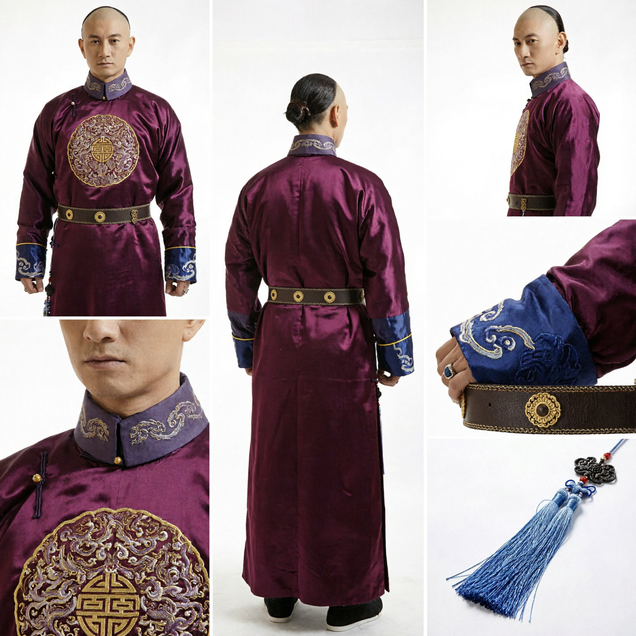 Men's Traditional Chinese Qing Dynasty Purple Satin Changshan Robe with Embroidery Historical Costume for Performance - Asian Costume