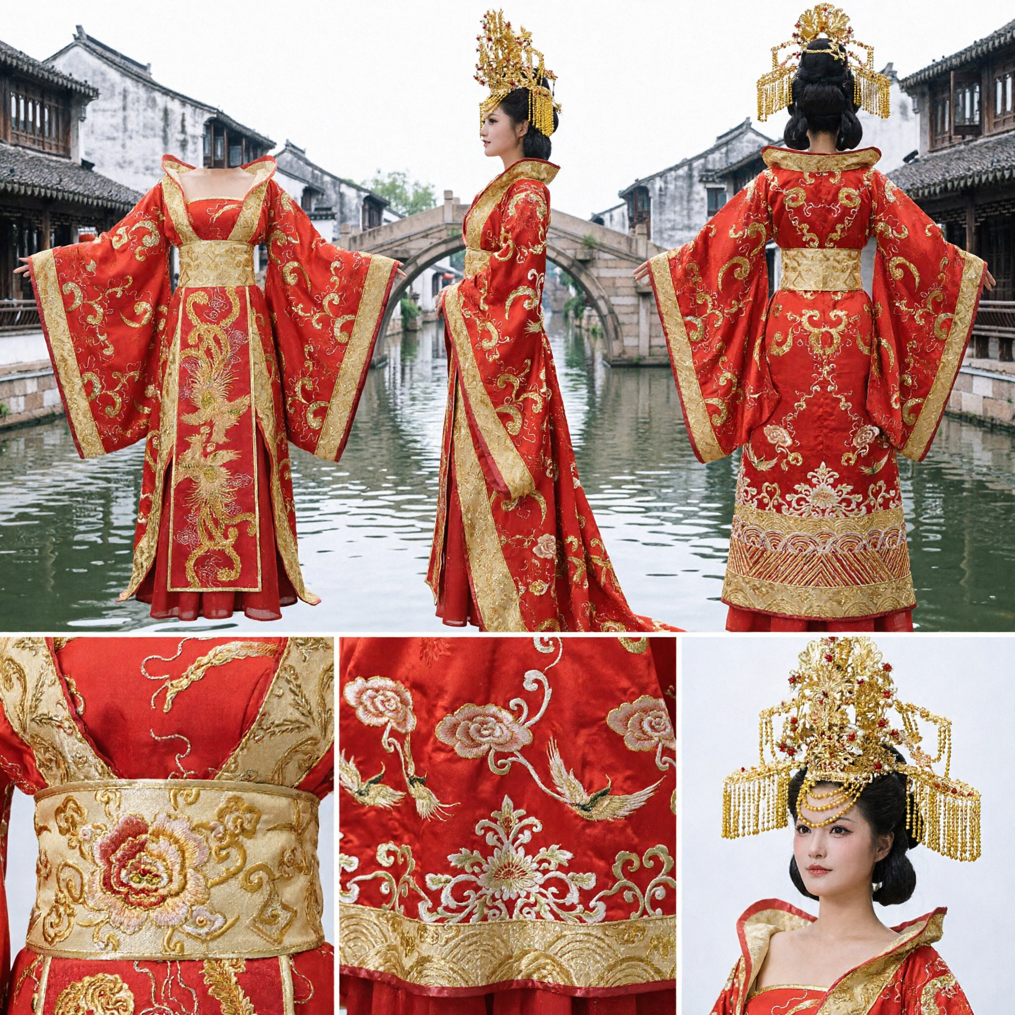 Elegant Ancient Chinese Empress Wedding Dress Red Gold Dragon Embroidery Hanfu Costume for Women Performance - Asian Costume