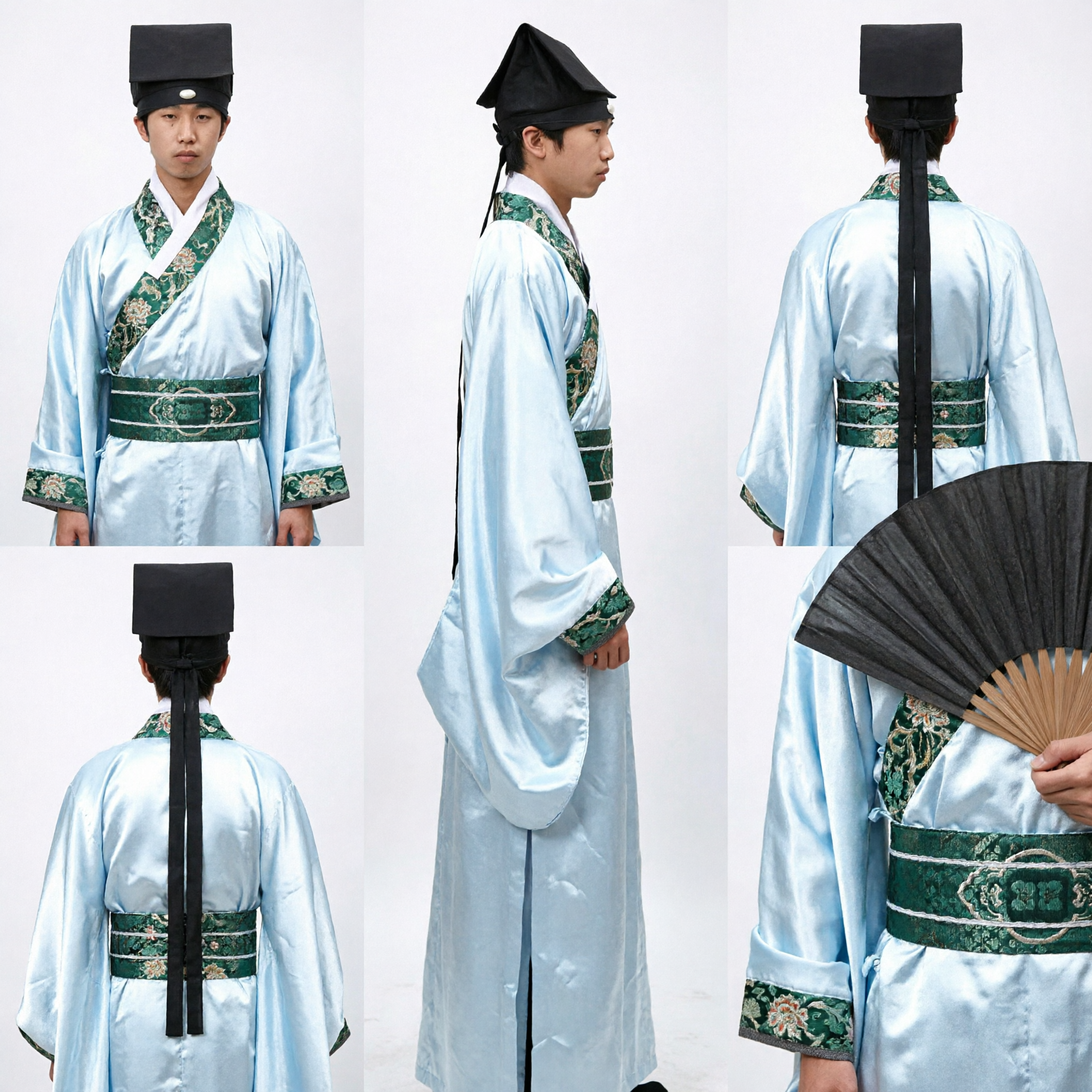 Boys Traditional Korean Hanbok Costume Light Blue Scholar Outfit with Hat and Fan for Performance - Asian Costume