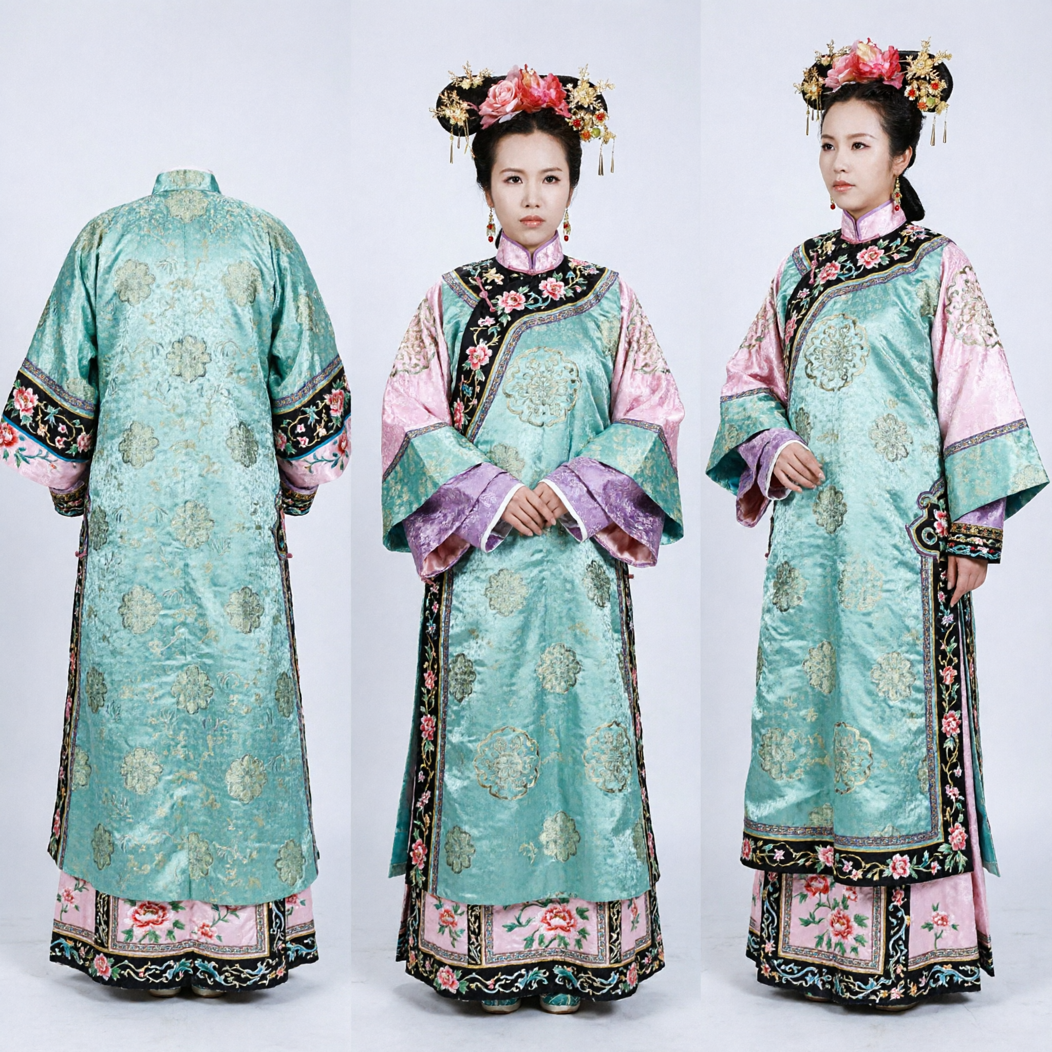 Traditional Chinese Qing Dynasty Concubine Costume Teal Floral Cloak with Headdress for Women Historical Photography - Asian Costume